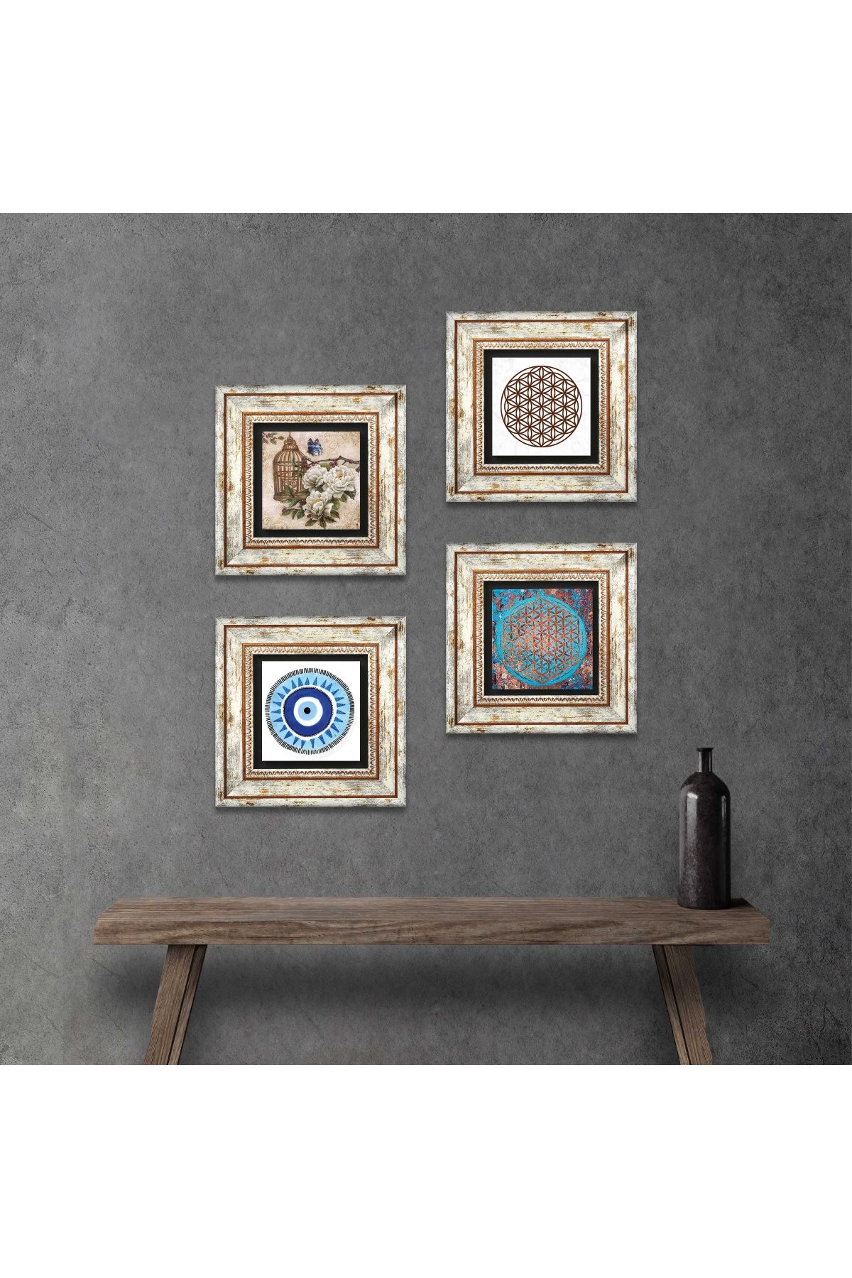 Evil Eye, Flower of Life, Butterfly Flower Stone Wall Painting Framed Wall Decor 4 Piece Painting Set Wall Art