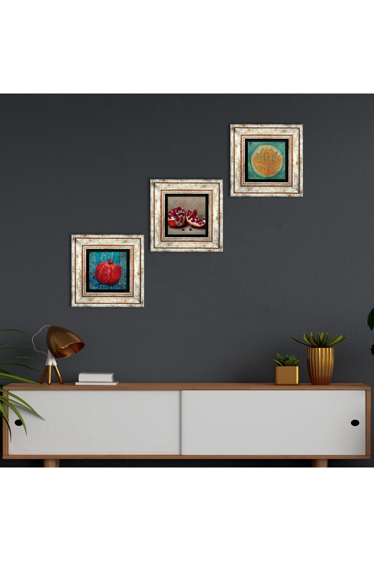 Lotus Çiçeği, Nar Taş Duvar Tablosu Çerçeveli Duvar Dekoru 3 Parça Tablo Seti Wall Art