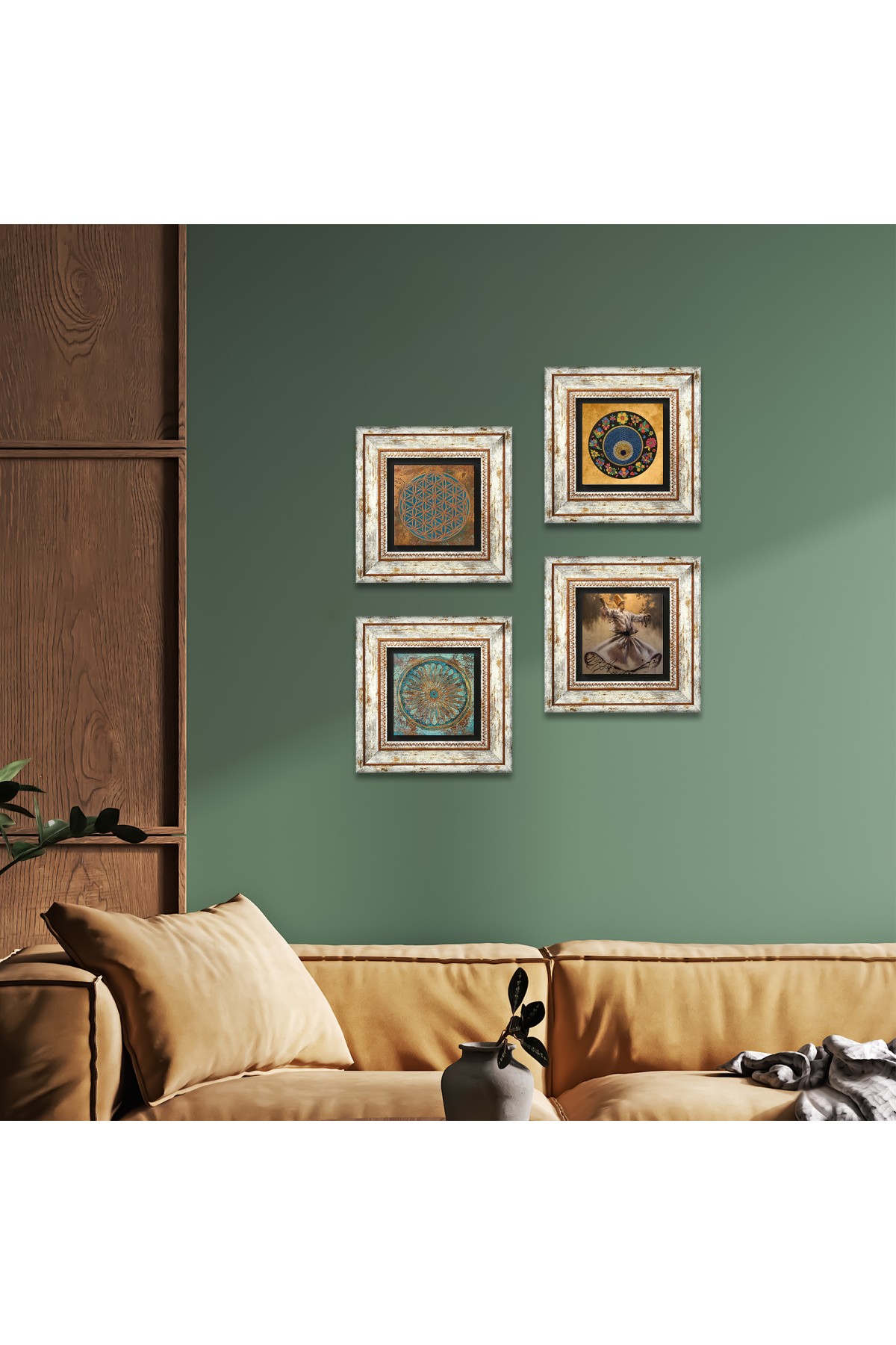 Semazen, Yaşam Çiçeği, Nazar Taş Duvar Tablosu Çerçeveli Duvar Dekoru 4 Parça Tablo Seti Wall Art