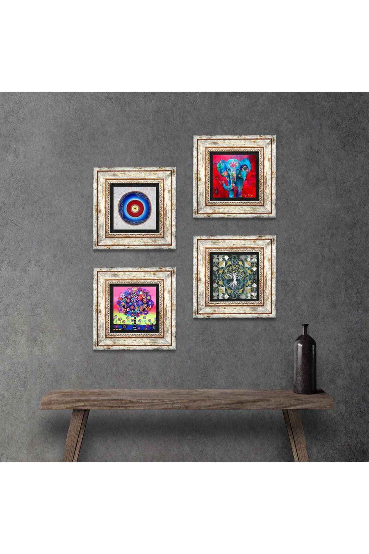 Evil Eye, Elephant, Tree of Life Stone Wall Painting Framed Wall Decor 4 Piece Painting Set Wall Art