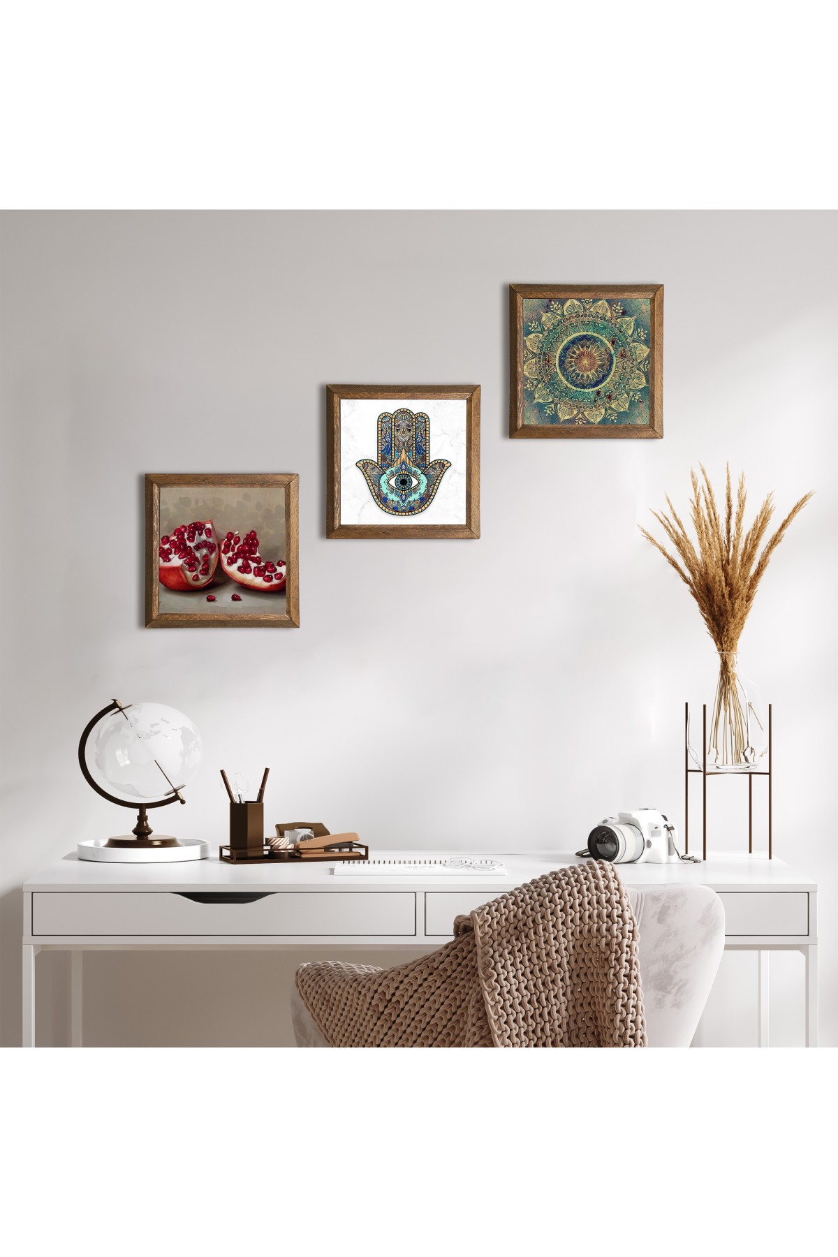 Mandala, Nar, Fatma Ana Eli (Hamsa) Taş Duvar Tablosu Ahşap Çerçeveli Duvar Dekoru 3 Parça Tablo Seti Wall Art