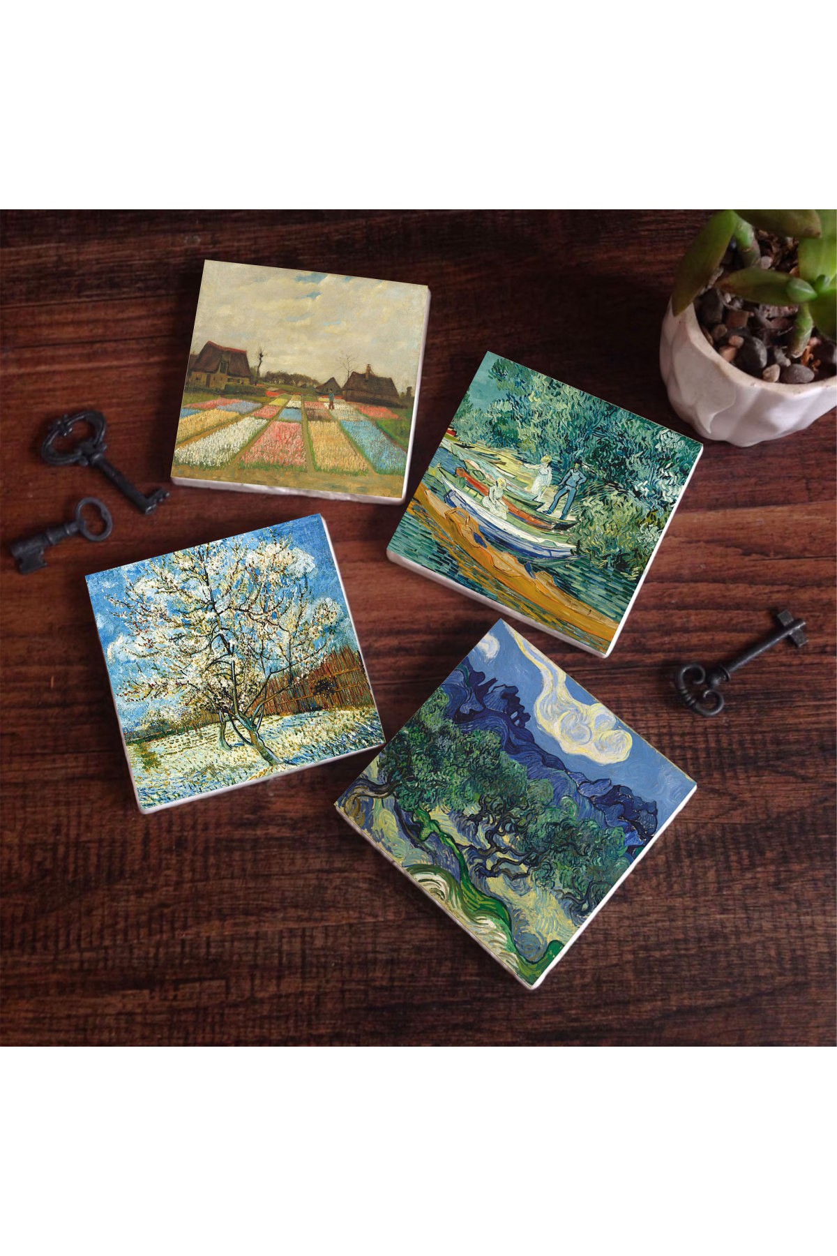 Van Gogh Zeytin Ağaçları, Şeftali Ağacı, Lale Tarlaları, Oise Bankası Taş Bardak Altlığı Masaüstü Koruyucu Altlık 4 Parça Set 10x10cm Stone Coasters