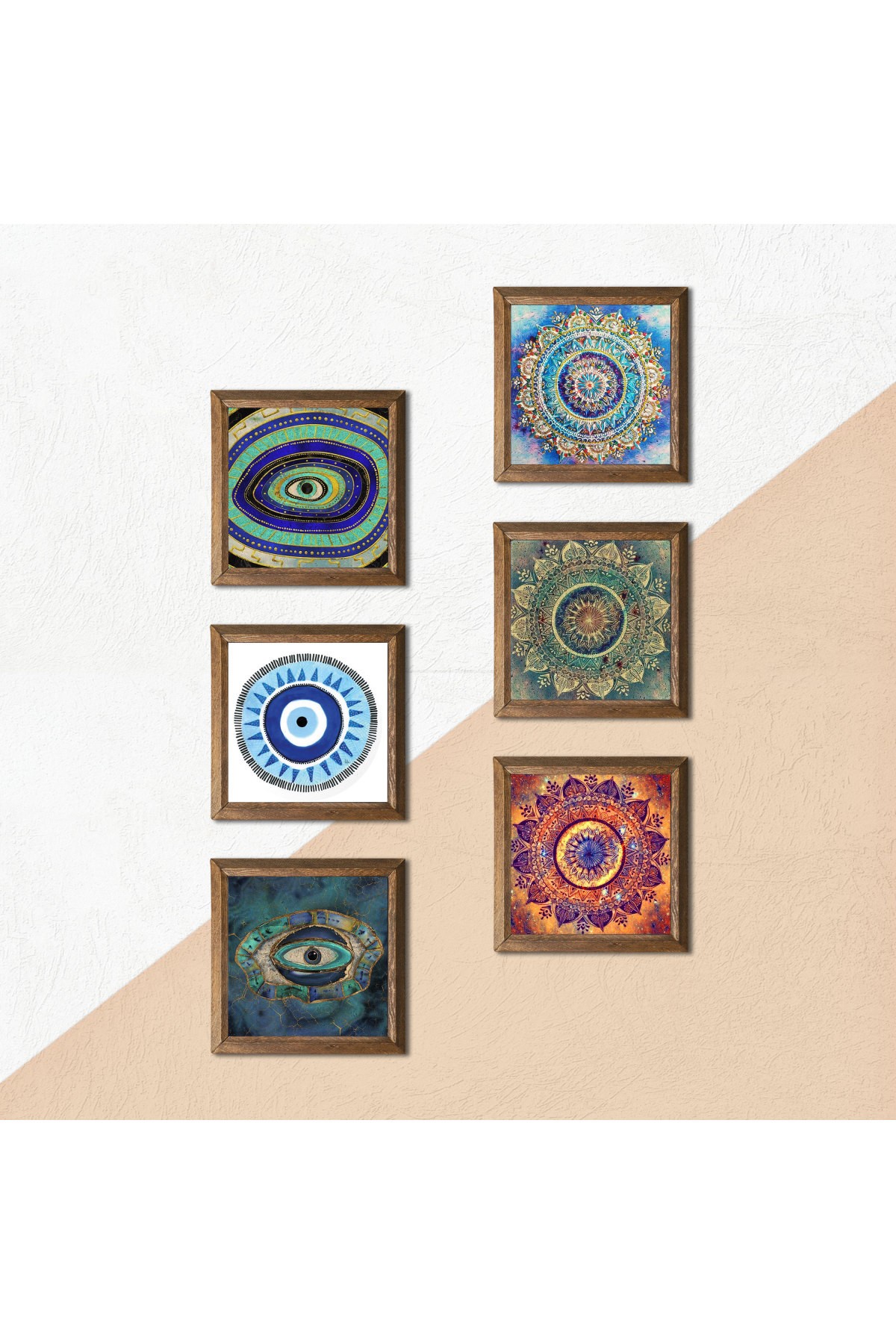 Mandala, Nazar Taş Duvar Tablosu Ahşap Çerçeveli Duvar Dekoru 6 Parça Tablo Seti Wall Art