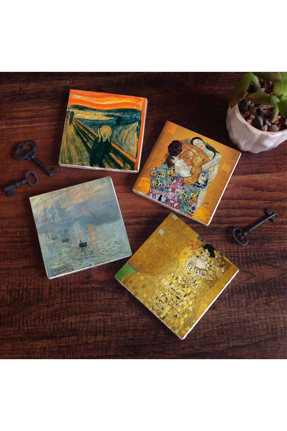 Gustav Klimt Family Hug, Bauer's Portrait, Monet Sunrise, The Scream Stone Coasters Desktop Protective Coaster 4 Piece Set 10x10cm Stone Coasters