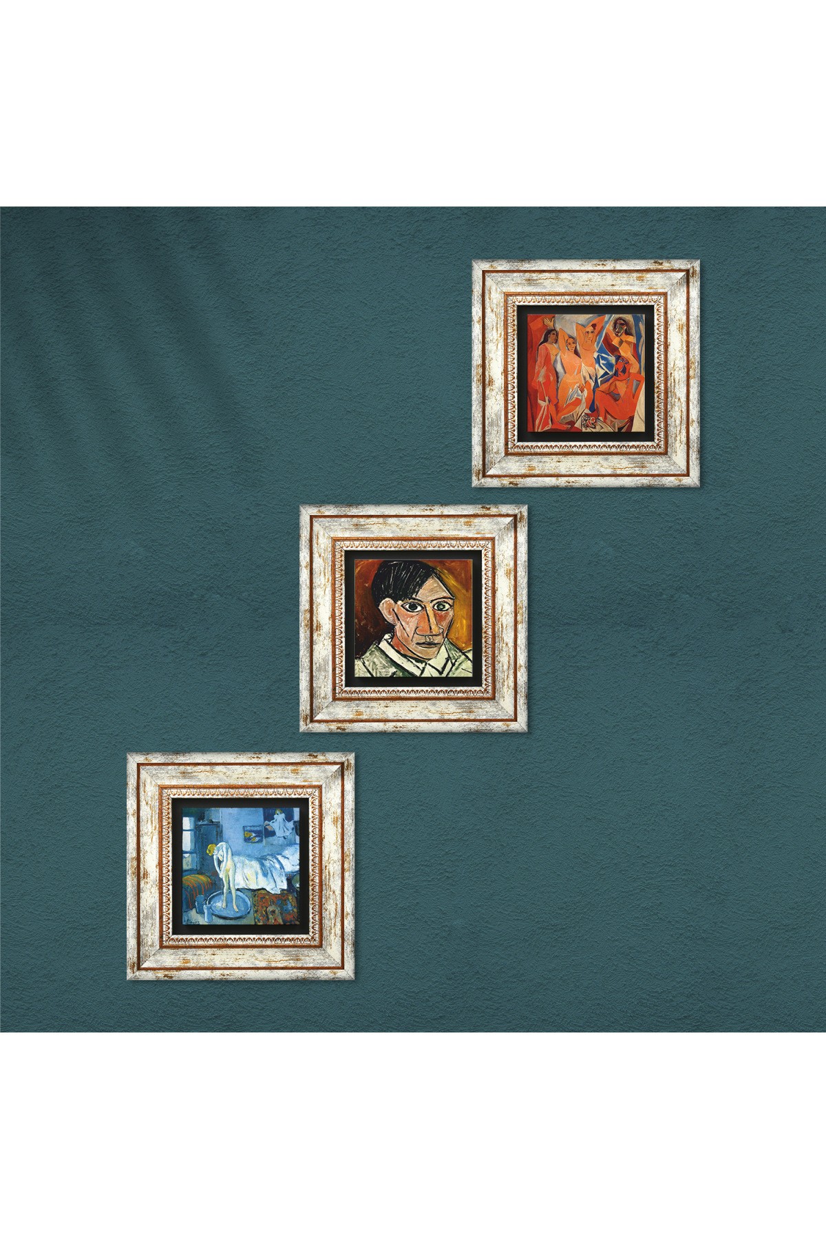 Picasso Avignon Girls, Self-Portrait, Blue Room Stone Wall Painting Framed Wall Decor 3 Piece Painting Set Wall Art