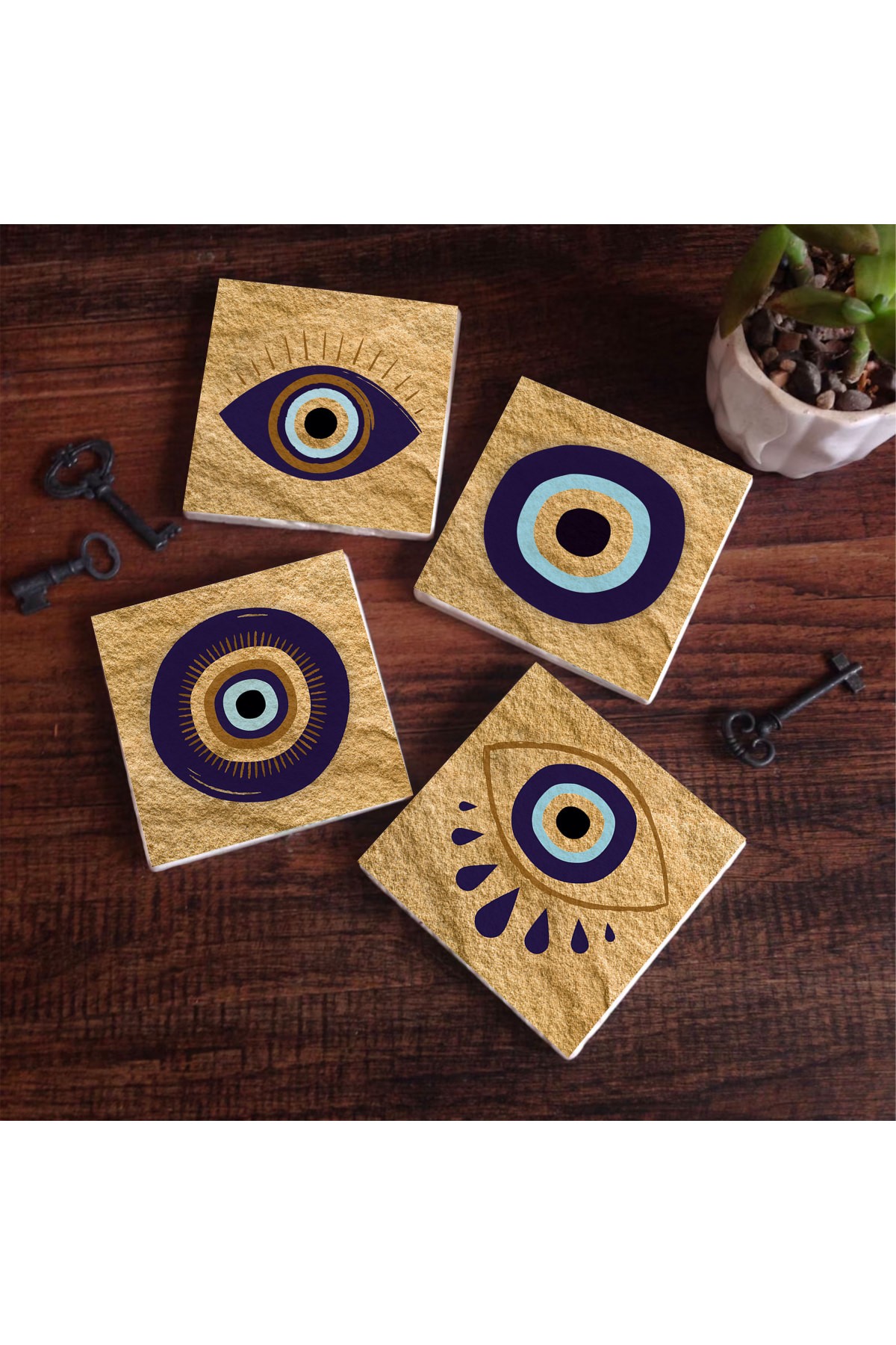 Nazar Taş Bardak Altlığı Masaüstü Koruyucu Altlık 4 Parça Set 10x10cm Stone Coasters