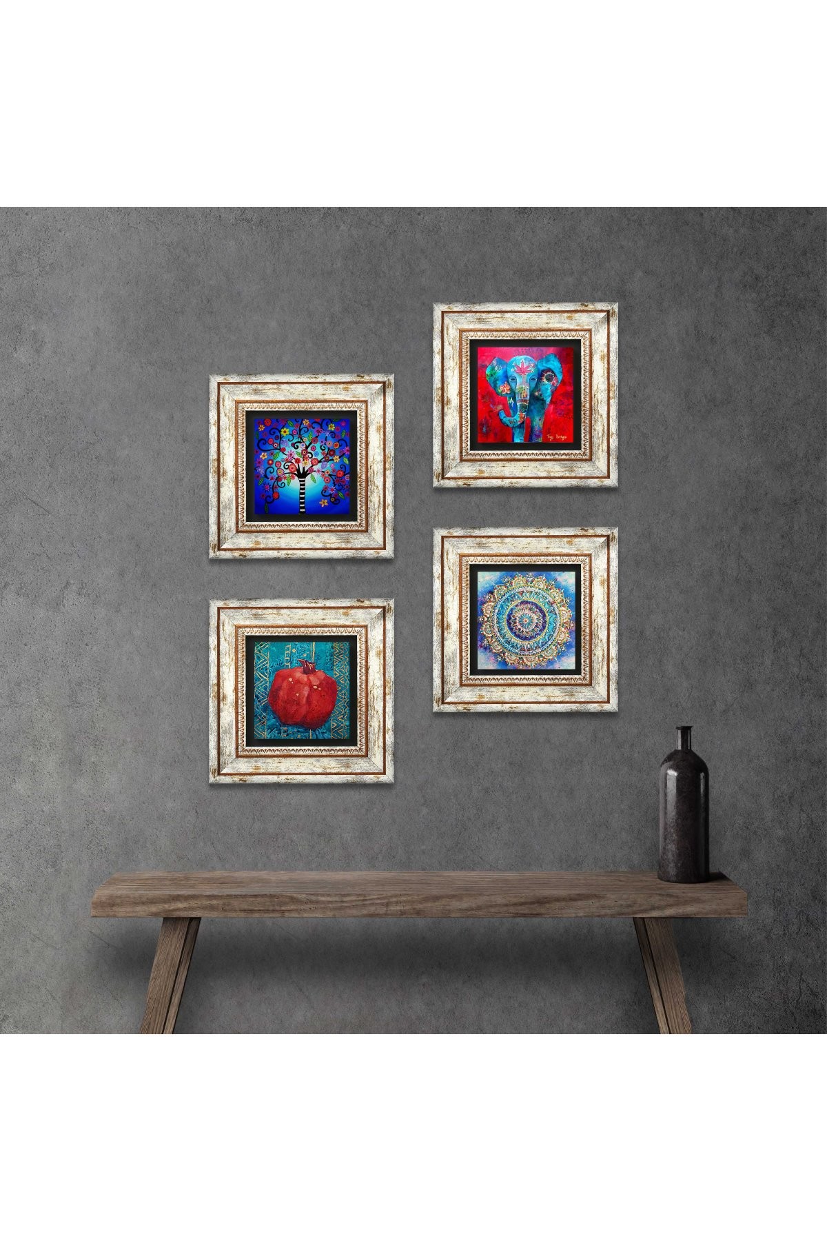 Mandala, Fil, Hayat Ağacı, Nar Taş Duvar Tablosu Çerçeveli Duvar Dekoru 4 Parça Tablo Seti Wall Art