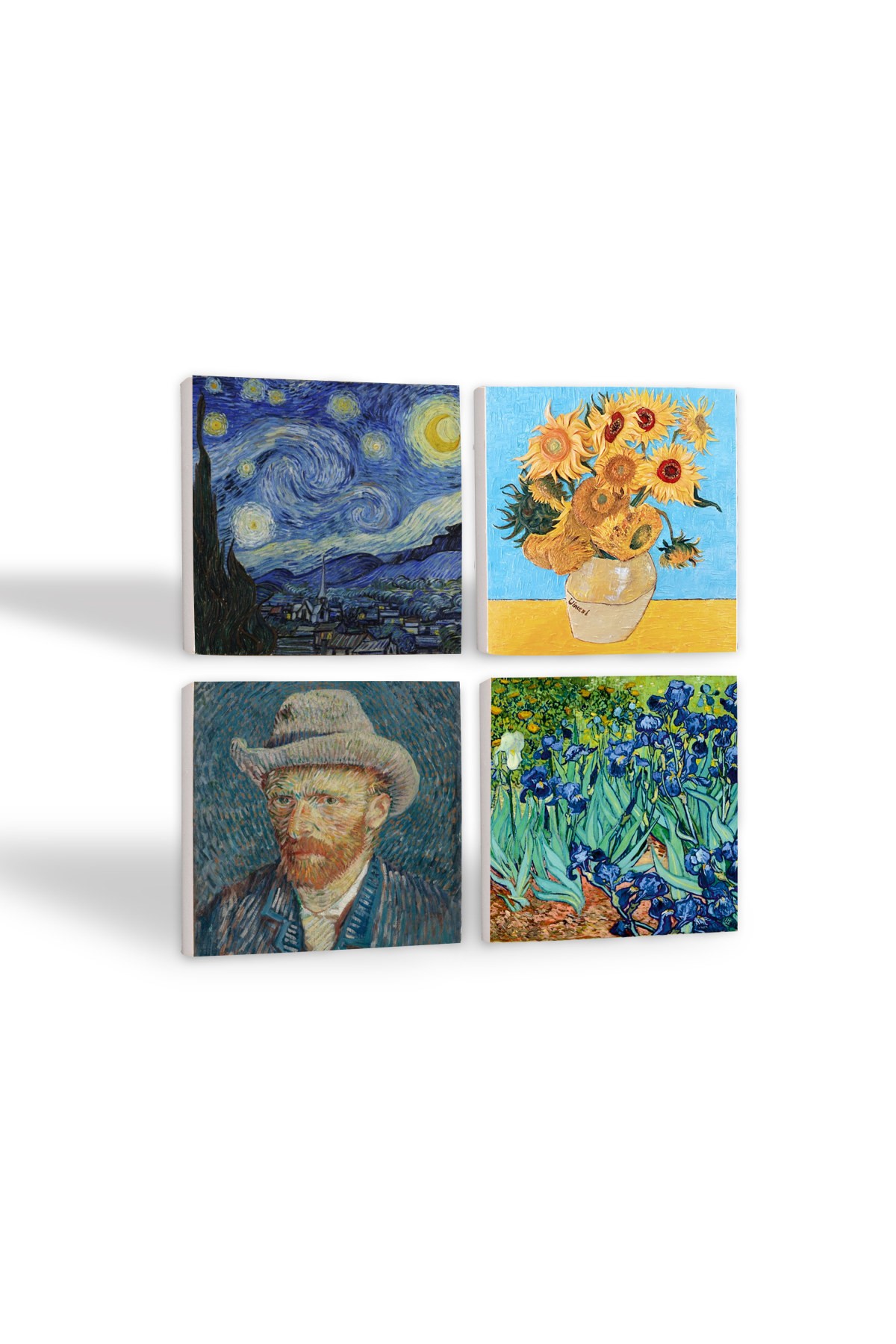 Van Gogh On İki Ayçiçekli Vazo, İrisler, Yıldızlı Gece, Otoportre Taş Bardak Altlığı Masaüstü Koruyucu Altlık 4 Parça Set 10x10cm Stone Coasters