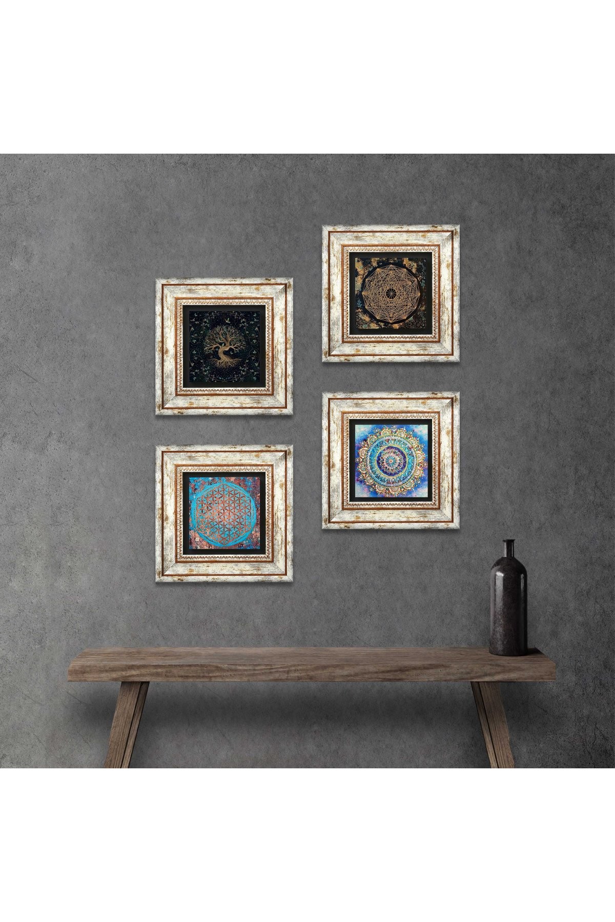 Mandala, Sri Yantra, Yaşam Çiçeği, Hayat Ağacı Taş Duvar Tablosu Çerçeveli Duvar Dekoru 4 Parça Tablo Seti Wall Art