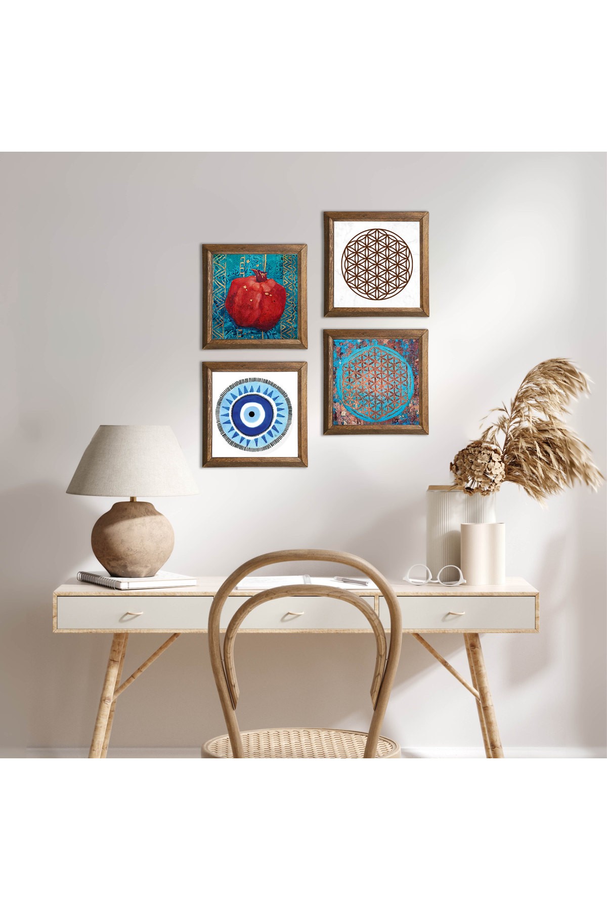 Evil Eye, Flower of Life, Pomegranate Stone Wall Painting Wooden Framed Wall Decor 4 Piece Painting Set Wall Art