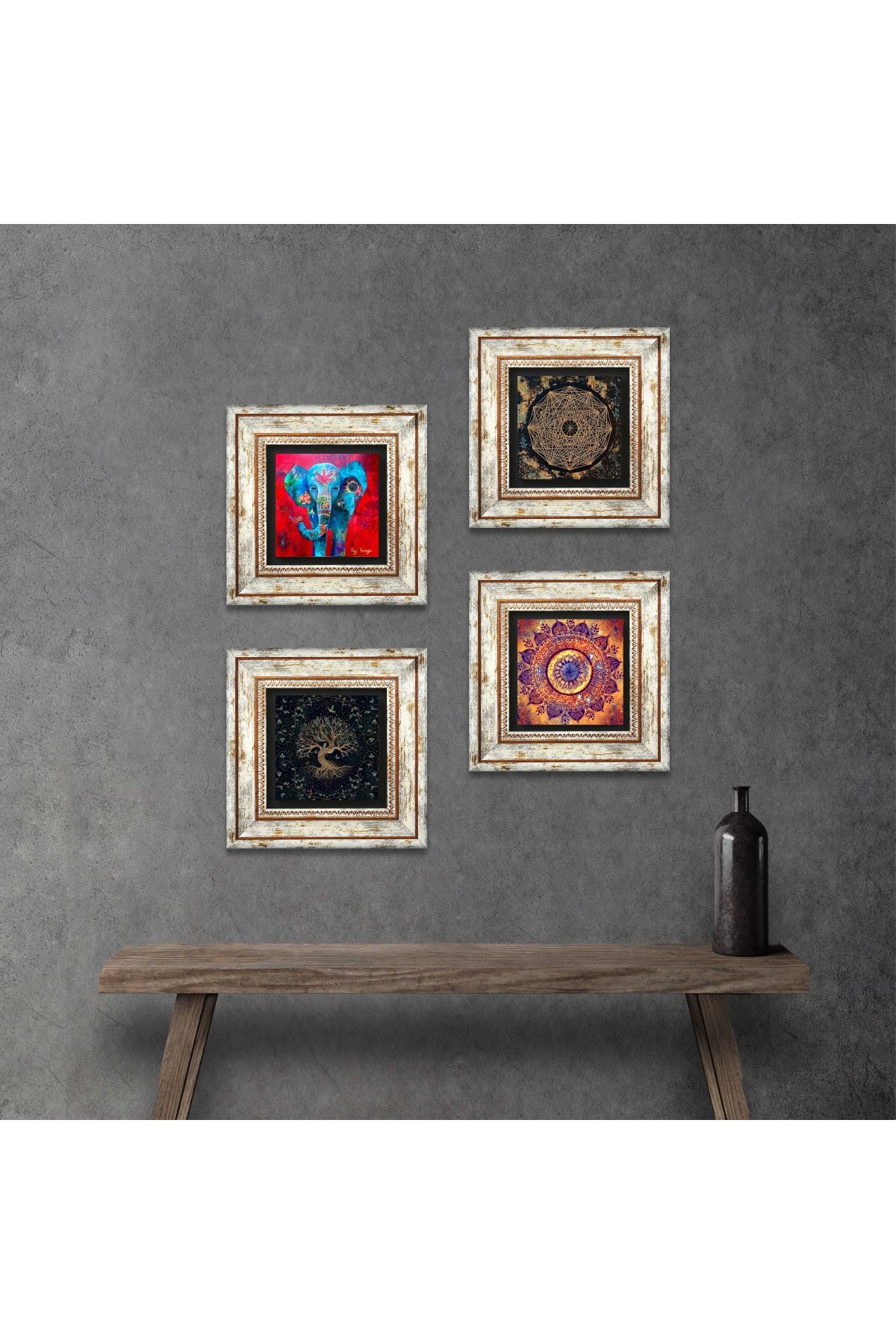 Mandala, Fil, Sri Yantra, Hayat Ağacı Taş Duvar Tablosu Çerçeveli Duvar Dekoru 4 Parça Tablo Seti Wall Art