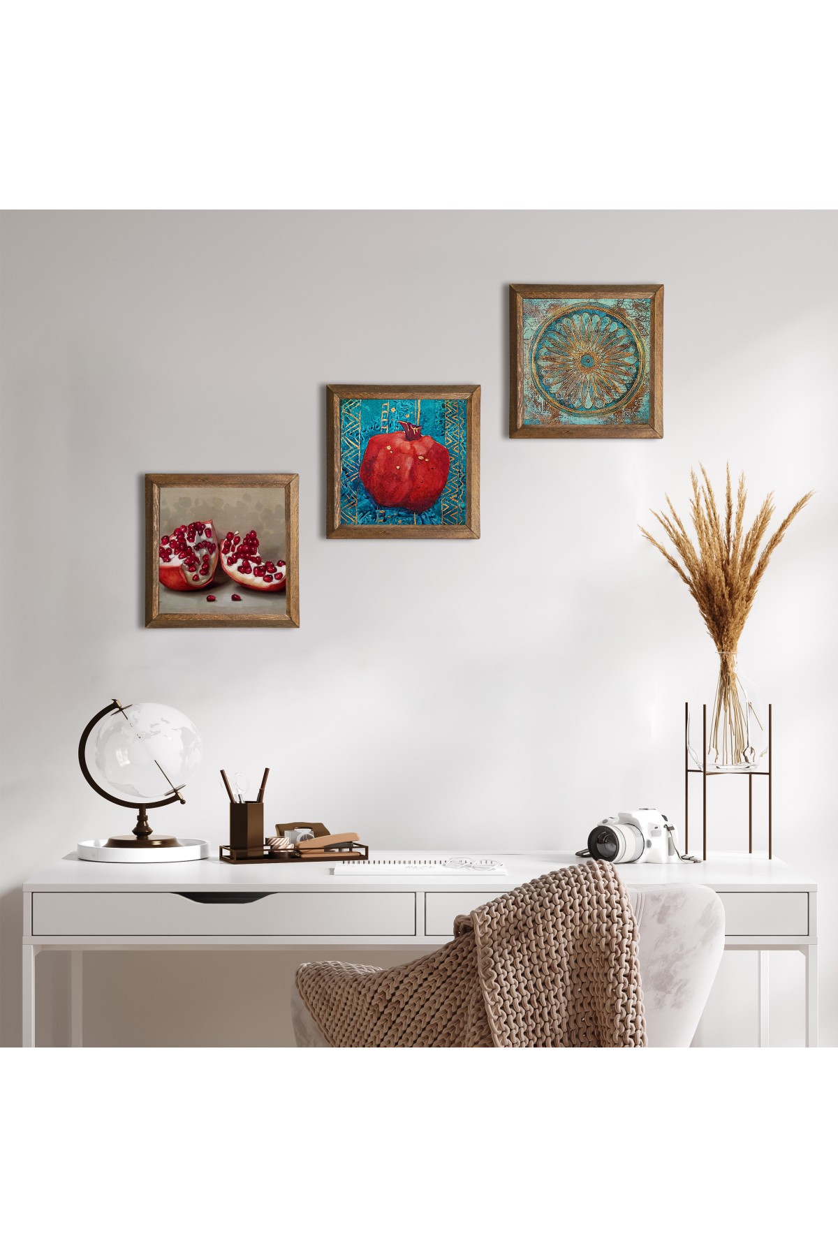 Yaşam Çiçeği, Nar Taş Duvar Tablosu Ahşap Çerçeveli Duvar Dekoru 3 Parça Tablo Seti Wall Art