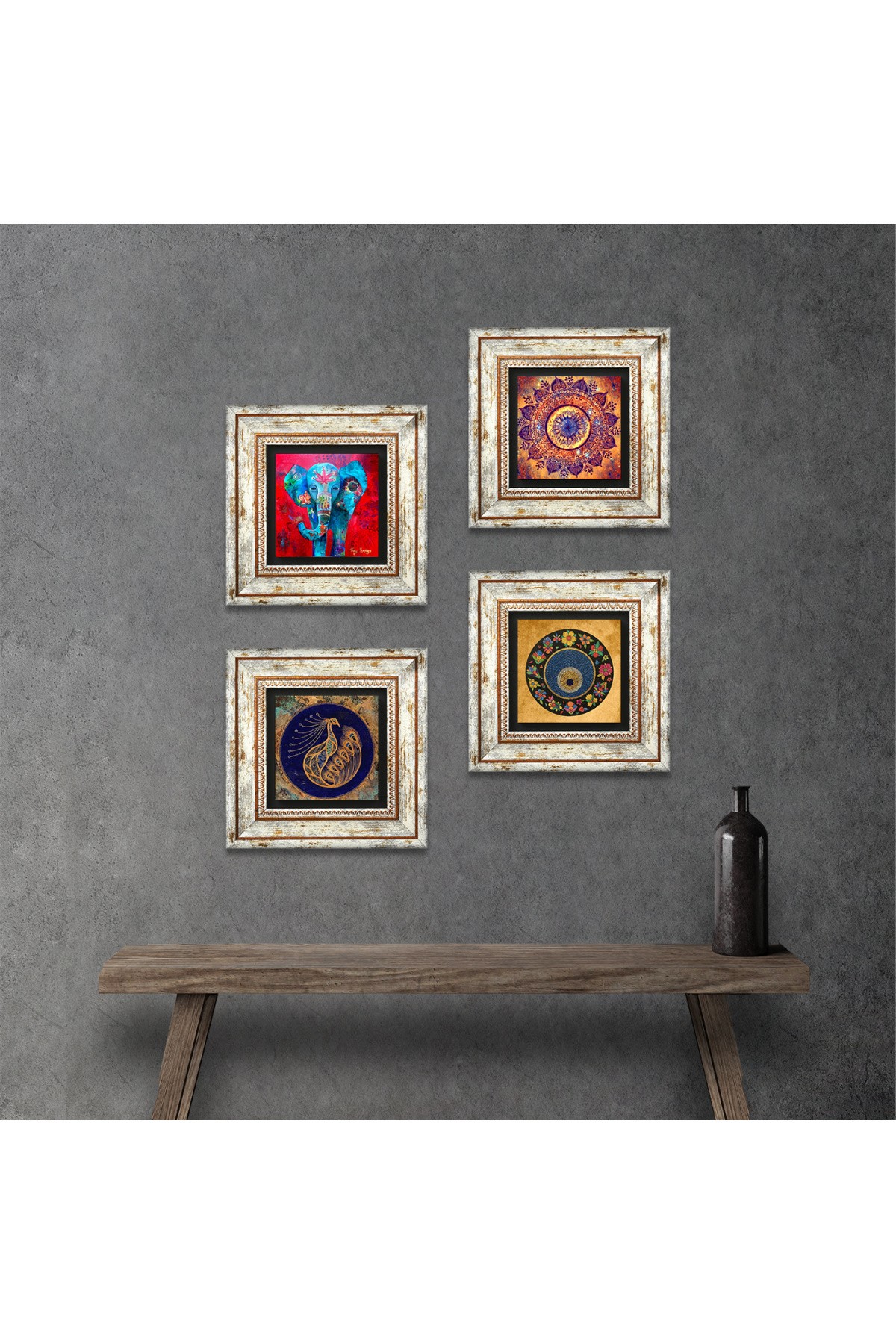 Mandala, Elephant, Peacock, Evil Eye Stone Wall Painting Framed Wall Decor 4 Piece Painting Set Wall Art