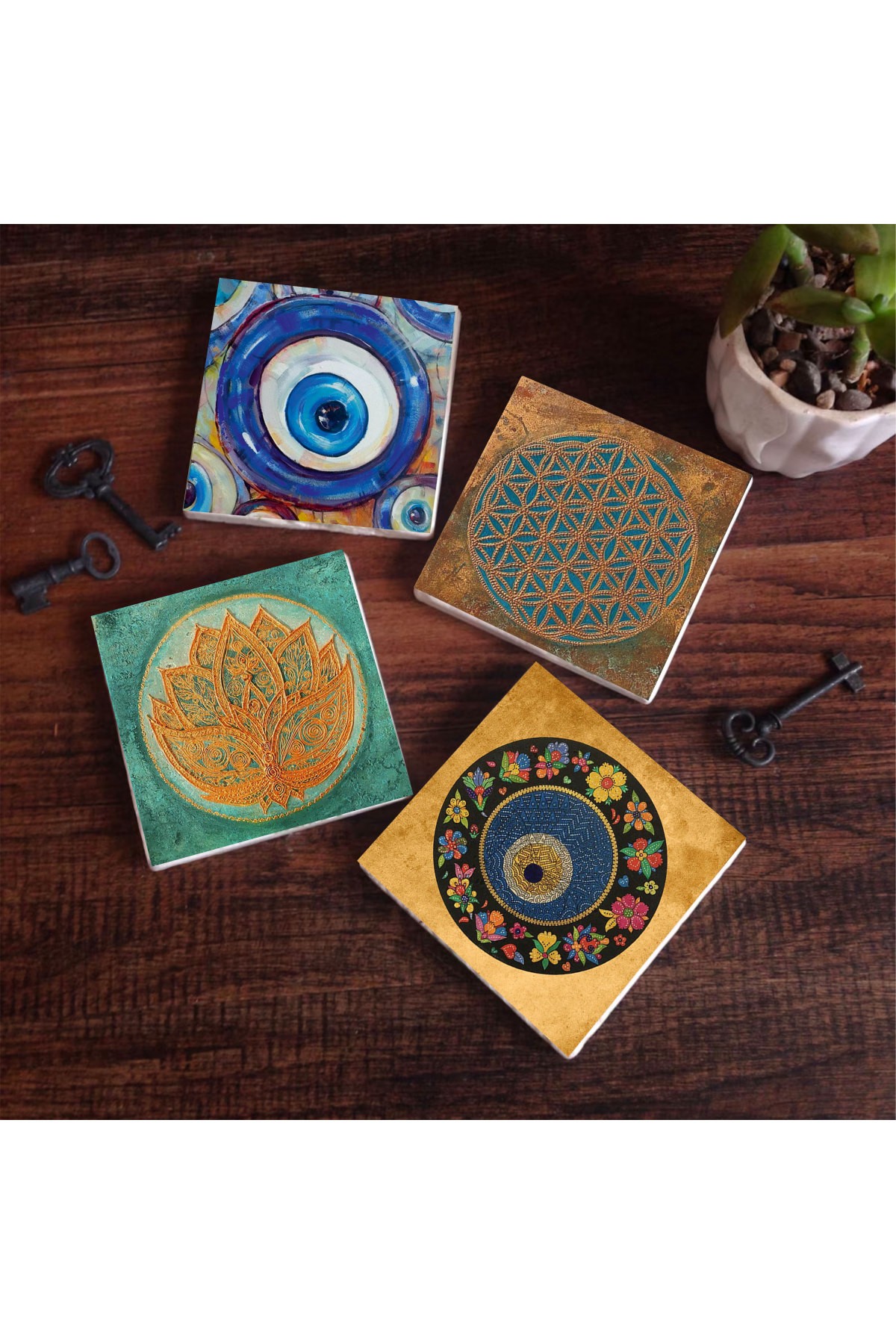 Nazar, Yaşam Çiçeği, Lotus Çiçeği Taş Bardak Altlığı Masaüstü Koruyucu Altlık 4 Parça Set 10x10cm Stone Coasters