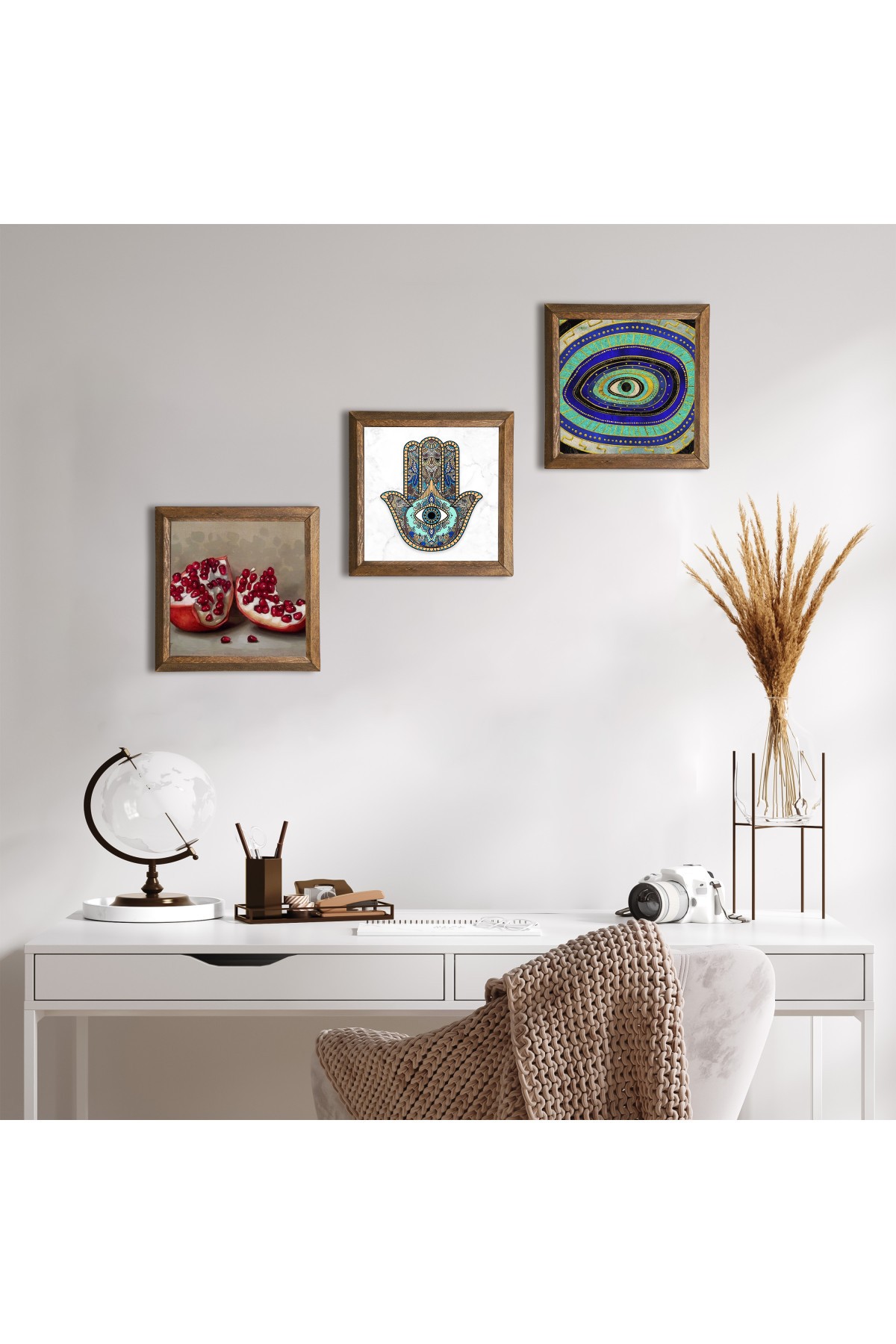 Evil Eye, Pomegranate, Hand of Mother Fatma (Hamsa) Stone Wall Painting Wooden Framed Wall Decor 3 Piece Painting Set Wall Art