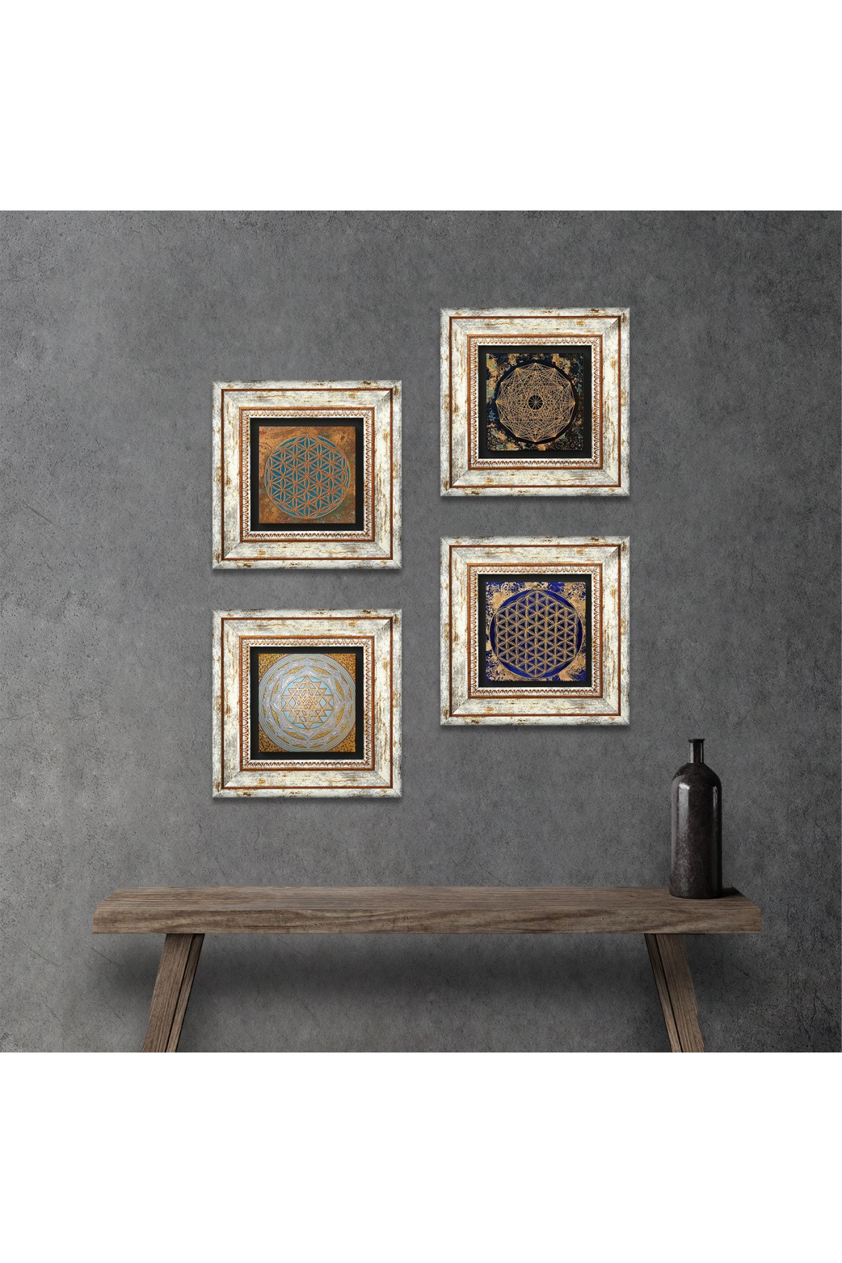 Yaşam Çiçeği, Sri Yantra Taş Duvar Tablosu Çerçeveli Duvar Dekoru 4 Parça Tablo Seti Wall Art