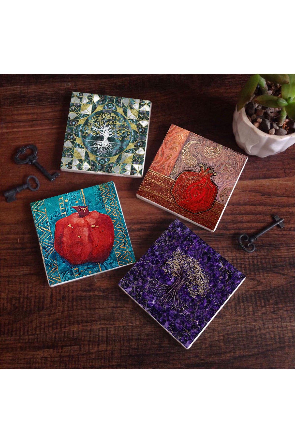 Hayat Ağacı, Nar Taş Bardak Altlığı Masaüstü Koruyucu Altlık 4 Parça Set 10x10cm Stone Coasters