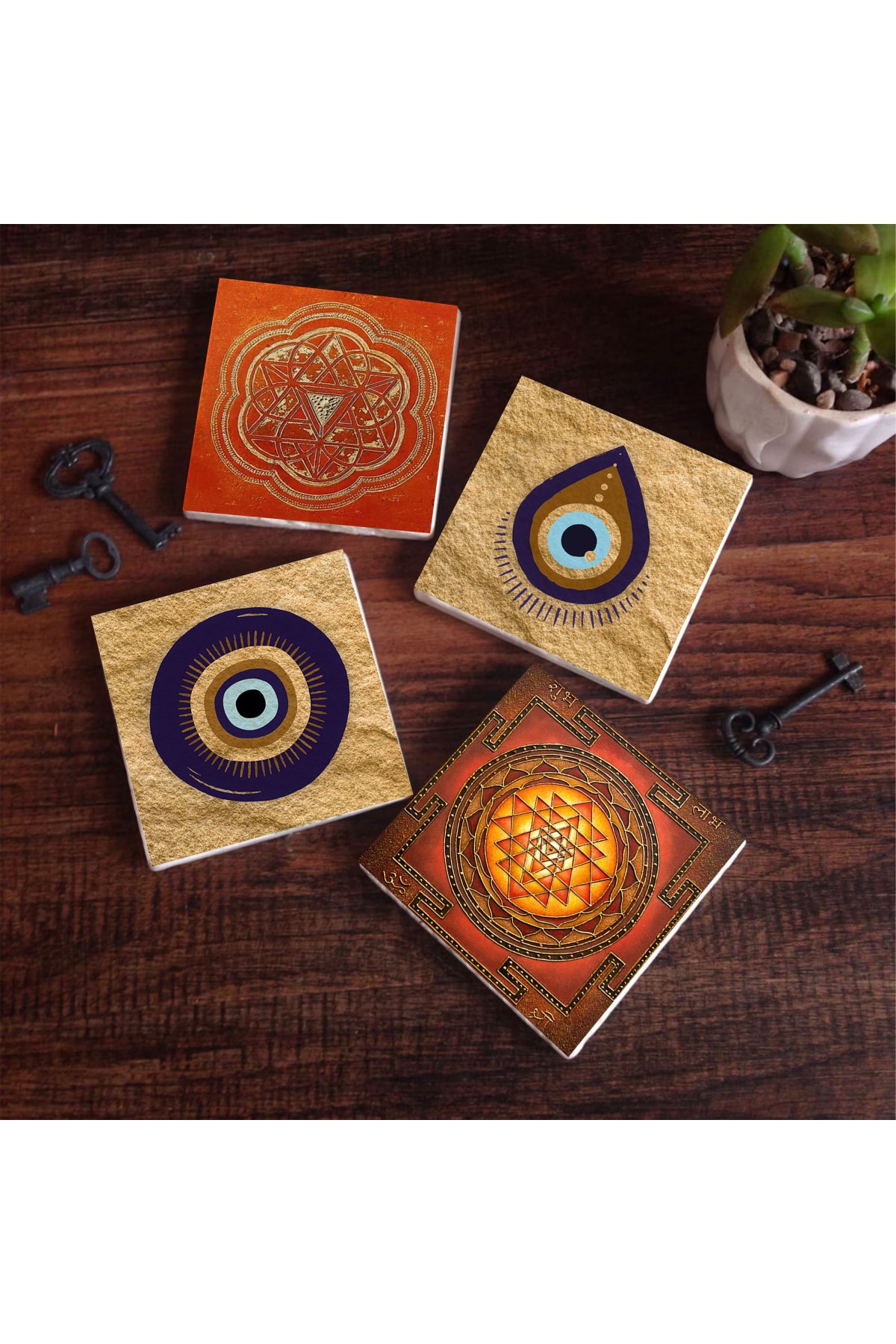 Nazar, Sri Yantra Taş Bardak Altlığı Masaüstü Koruyucu Altlık 4 Parça Set 10x10cm Stone Coasters