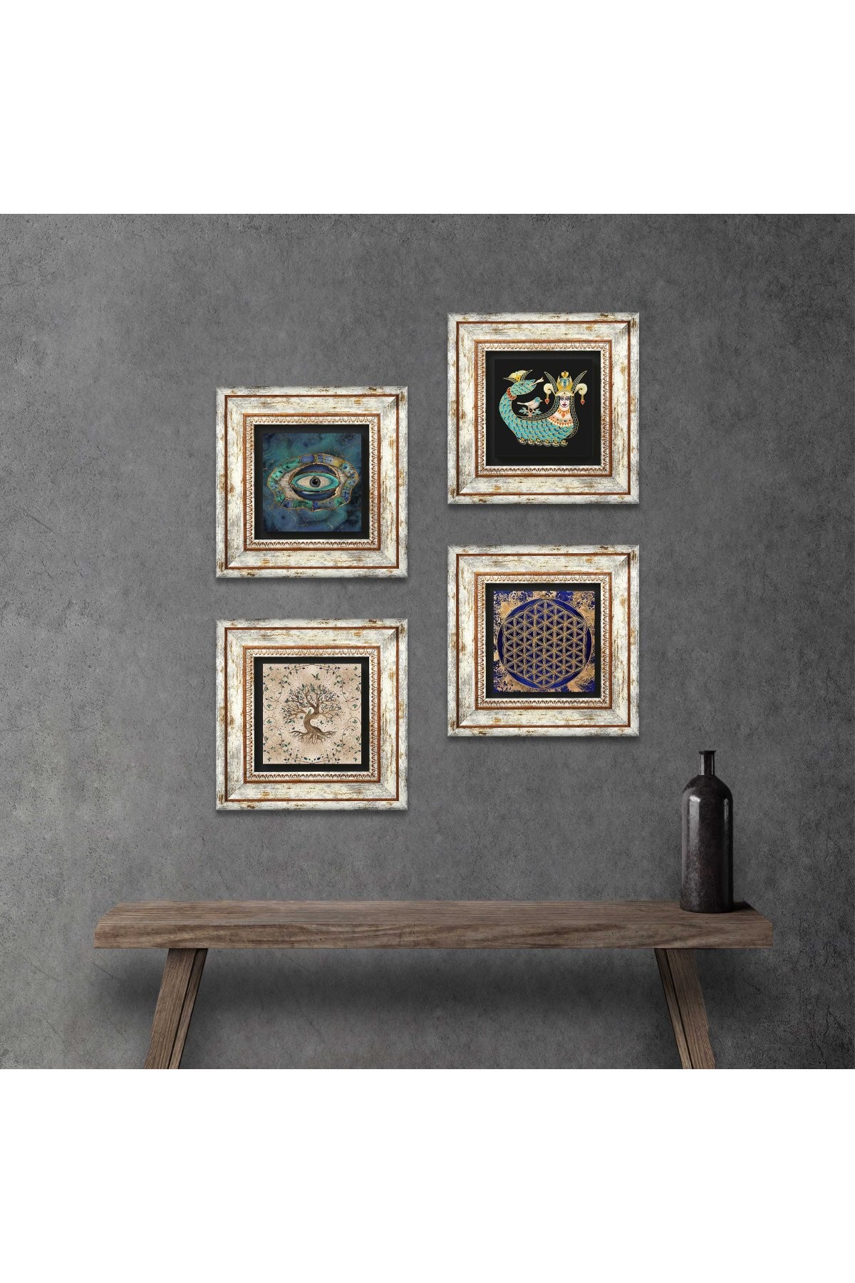 Evil Eye, Flower of Life, Shahmaran, Tree of Life Stone Wall Painting Framed Wall Decor 4 Piece Painting Set Wall Art