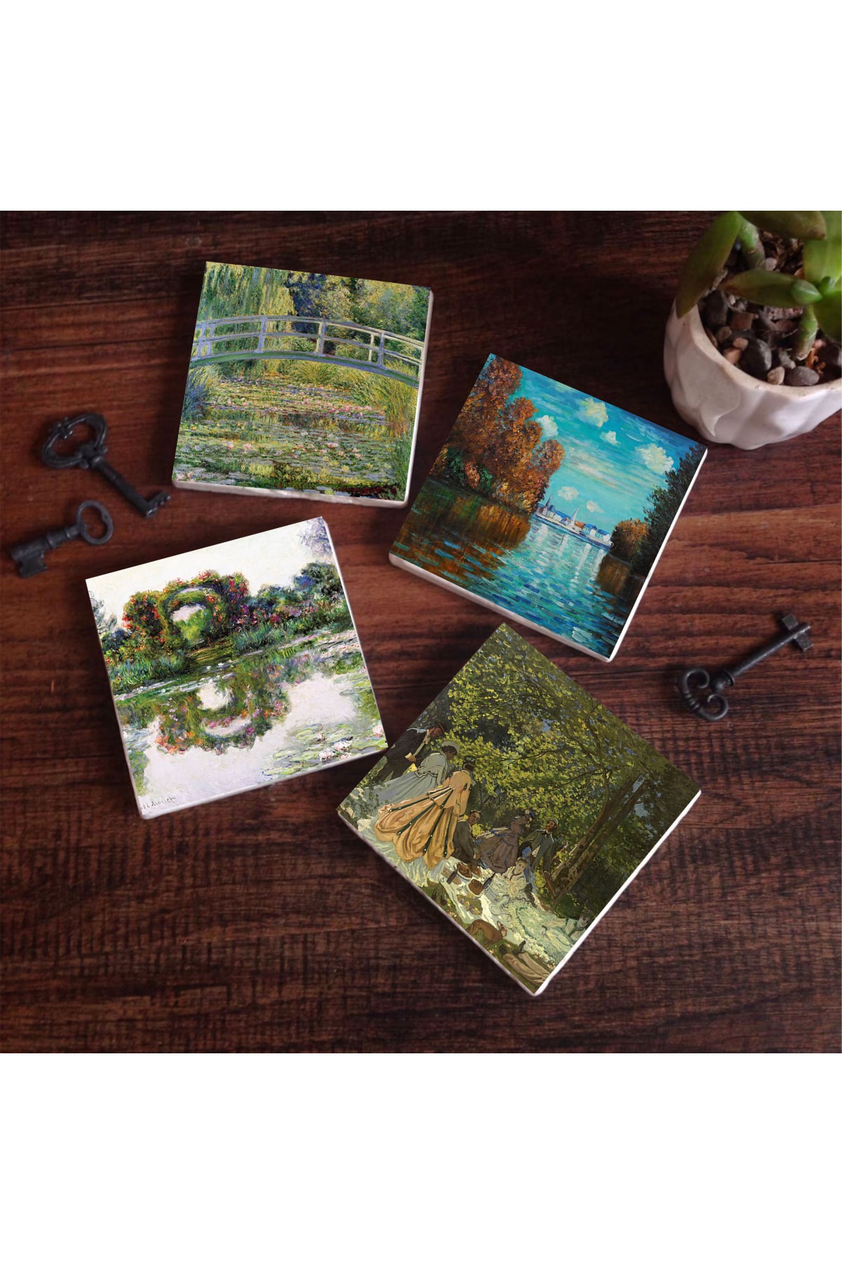 Claude Monet Sonbahar, Gül Çiçekli Kemer, Kırda Öğle Yemeği, Nilüfer Gölü Taş Bardak Altlığı Masaüstü Koruyucu Altlık 4 Parça Set 10x10cm Stone Coasters