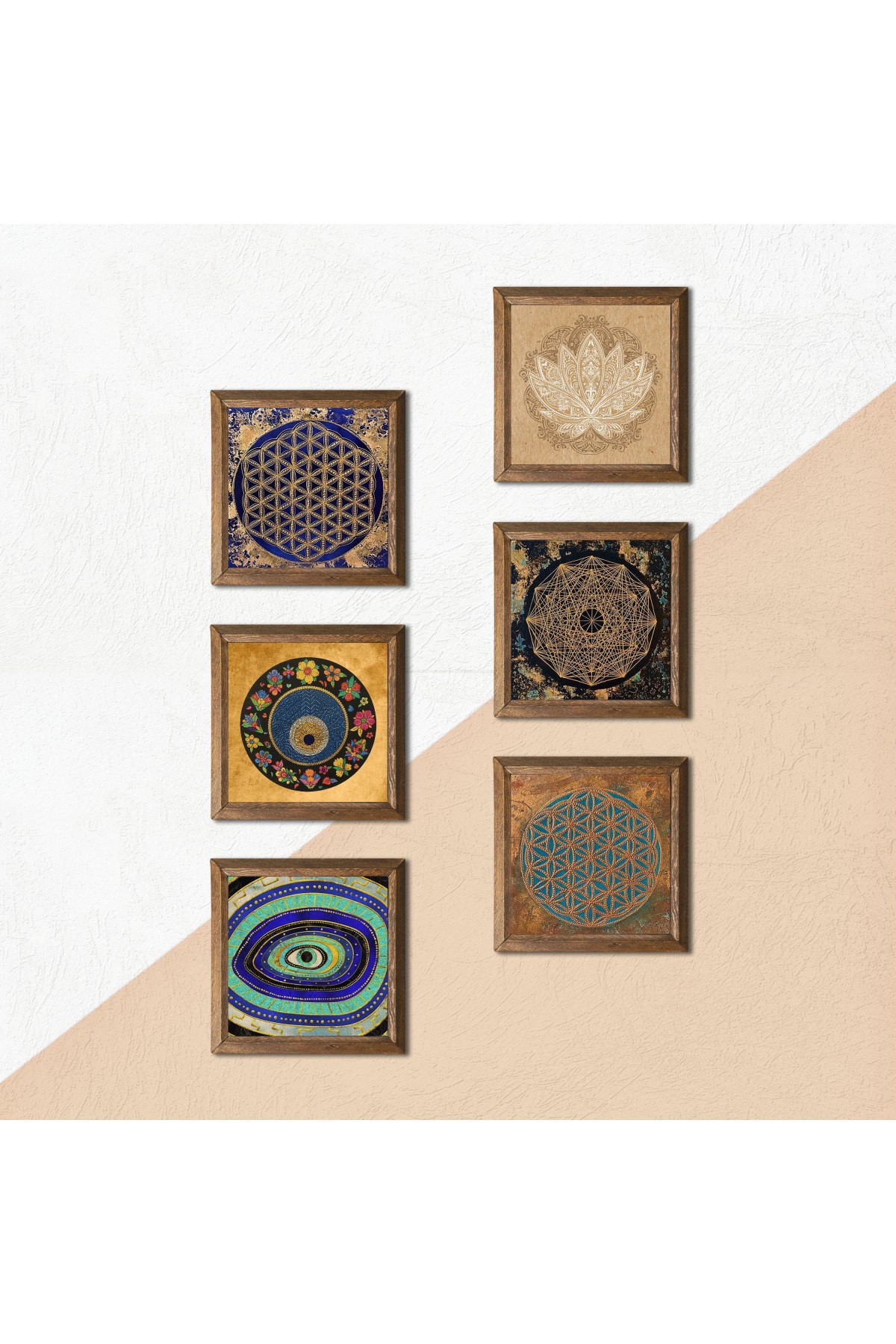 Sri Yantra, Lotus Çiçeği, Yaşam Çiçeği, Nazar Taş Duvar Tablosu Ahşap Çerçeveli Duvar Dekoru 6 Parça Tablo Seti Wall Art