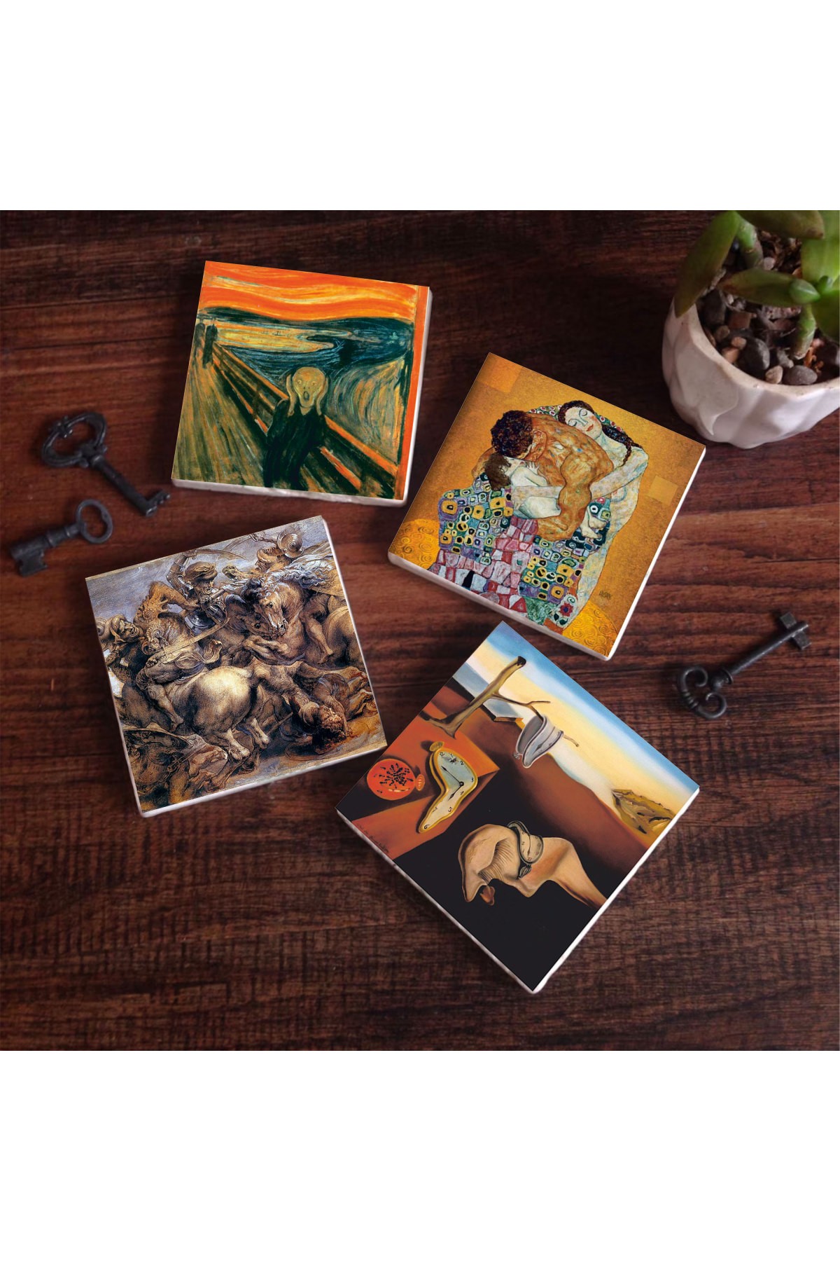 Salvador Dalí The Persistence of Memory, The Scream, Gustav Klimt Family Embrace, Battle of Anghiari Stone Coasters Desktop Protective Coaster 4 Piece Set 10x10cm Stone Coasters