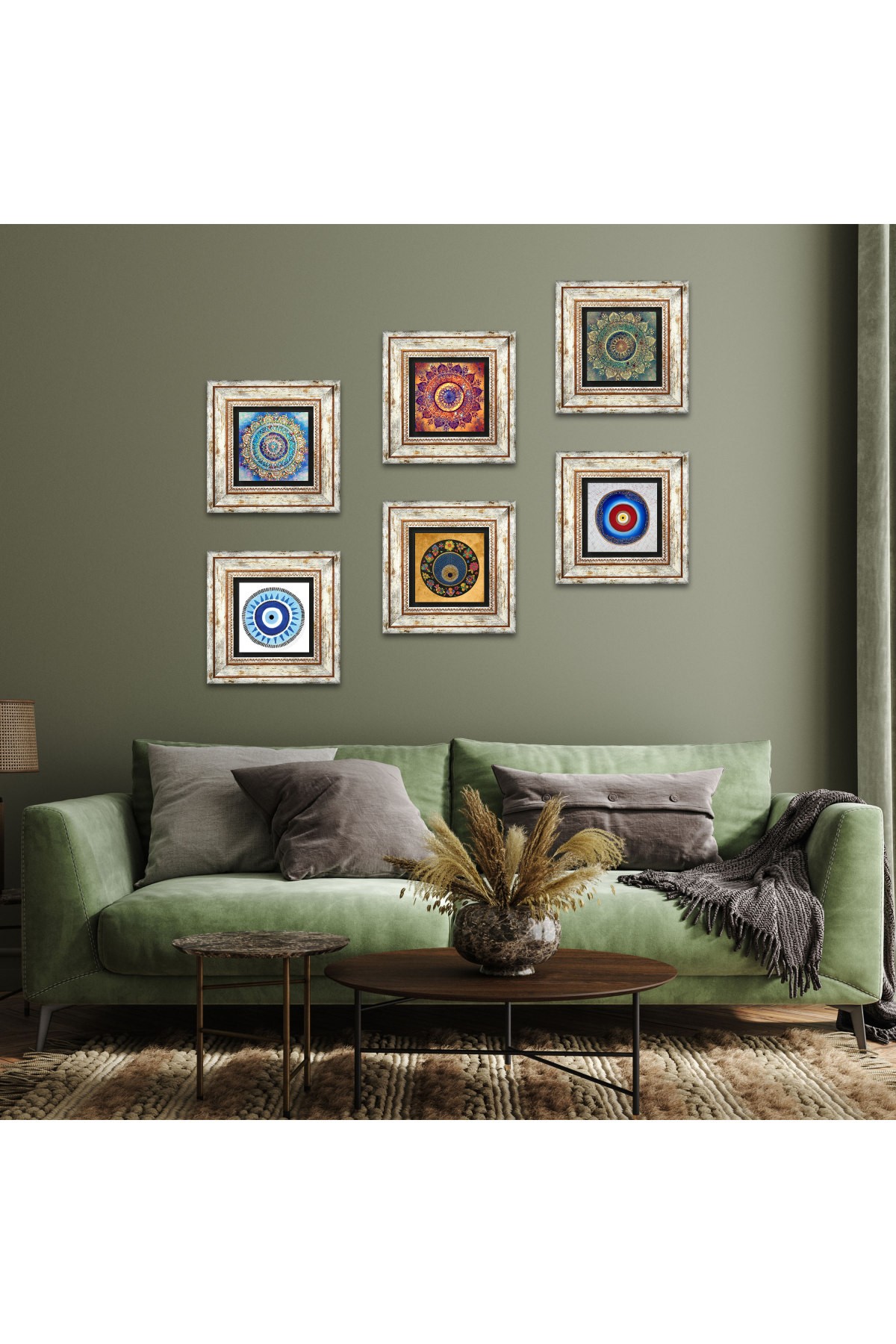 Nazar, Mandala Taş Duvar Tablosu Çerçeveli Duvar Dekoru 6 Parça Tablo Seti Wall Art