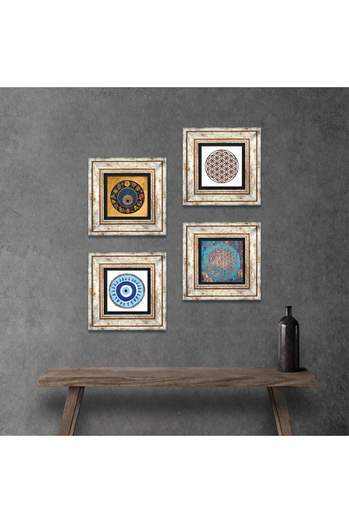 Flower of Life, Evil Eye Stone Wall Painting Framed Wall Decor 4 Piece Painting Set Wall Art