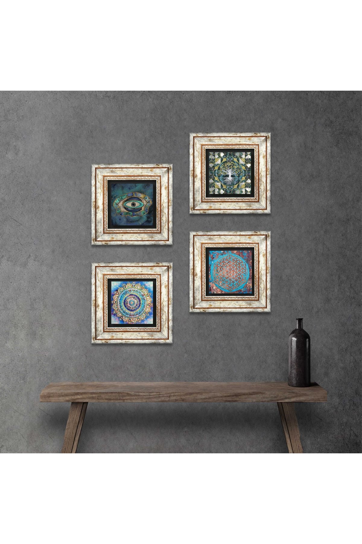 Hayat Ağacı, Mandala, Nazar, Yaşam Çiçeği Taş Duvar Tablosu Çerçeveli Duvar Dekoru 4 Parça Tablo Seti Wall Art