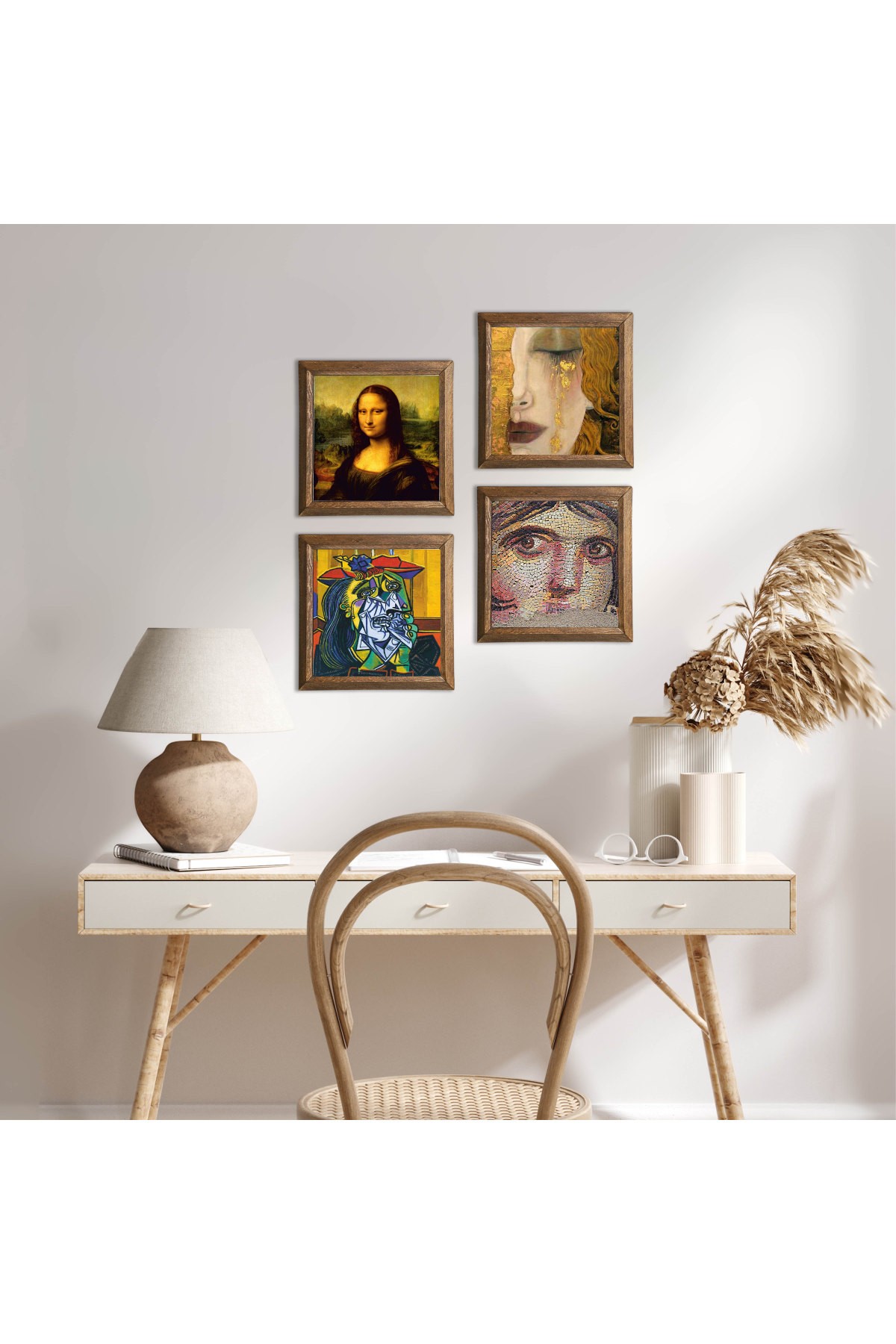 Picasso Ağlayan, Çingene Kızı, Gustav Klimt, Leonardo da Vinci Taş Duvar Tablosu Ahşap Çerçeveli Duvar Dekoru 4 Parça Tablo Seti Wall Art