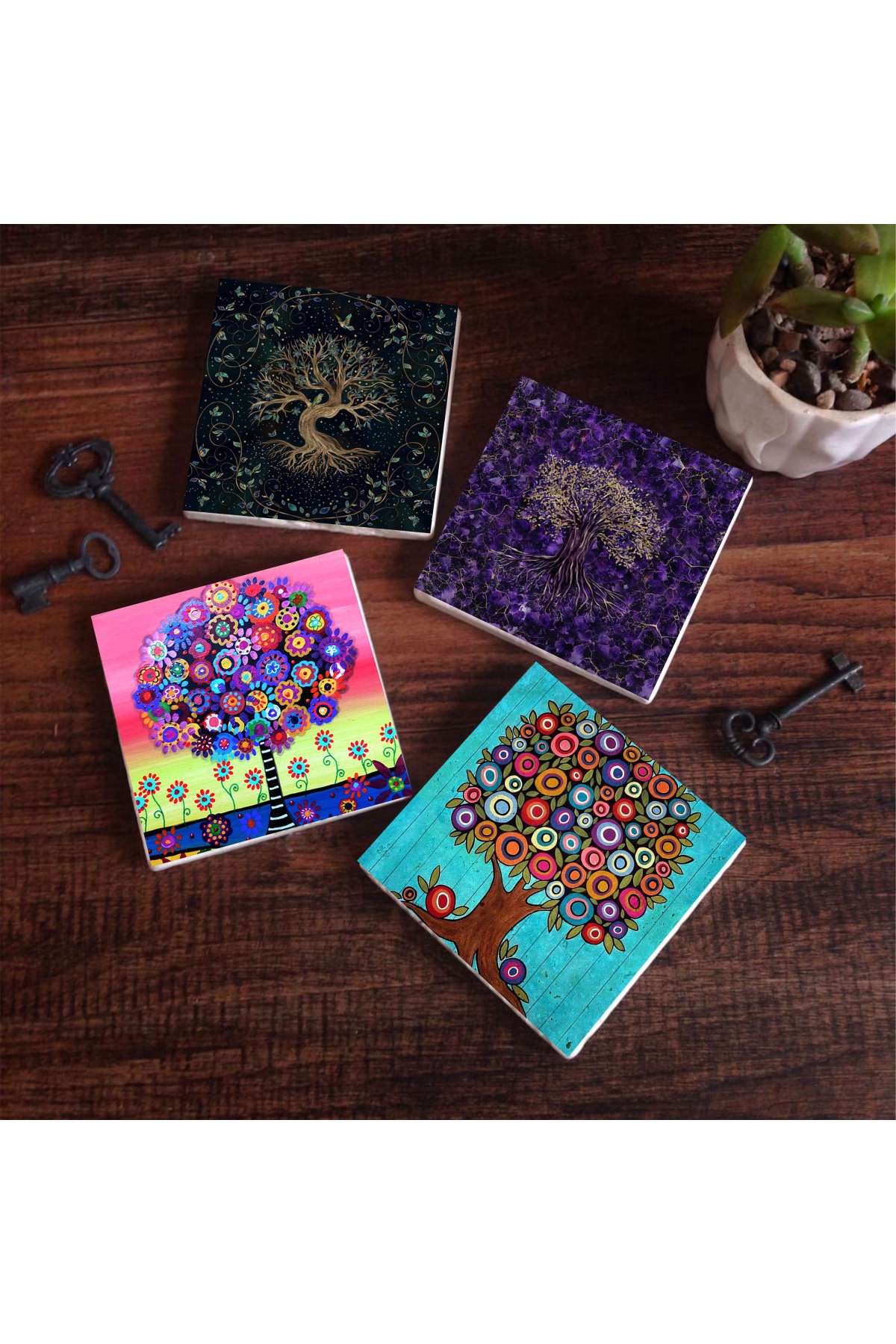 Tree of Life Stone Coasters Desktop Protective Coasters 4 Piece Set 10x10cm Stone Coasters