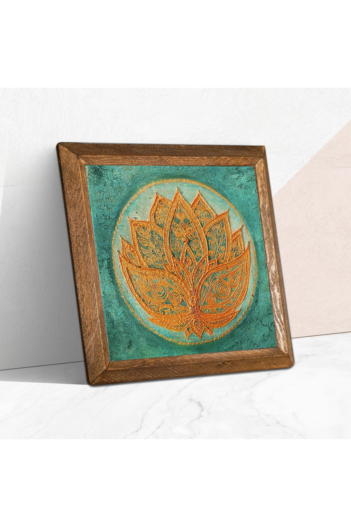 Lotus Çiçeği Taş Duvar Tablosu Ahşap Çerçeveli Duvar Dekoru Wall Art 25x25cm