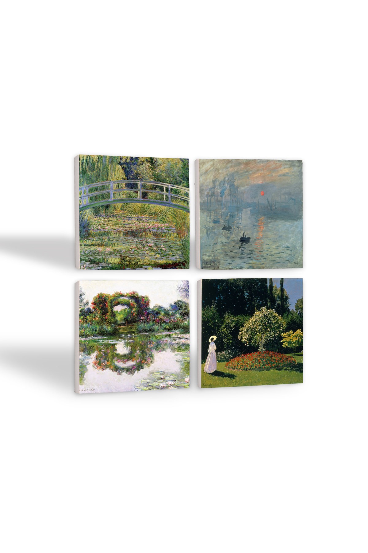 Claude Monet Gül Çiçekli Kemer, Bahçedeki Kadın, İzlenim Gün Doğumu, Nilüfer Gölü Taş Bardak Altlığı Masaüstü Koruyucu Altlık 4 Parça Set 10x10cm Stone Coasters