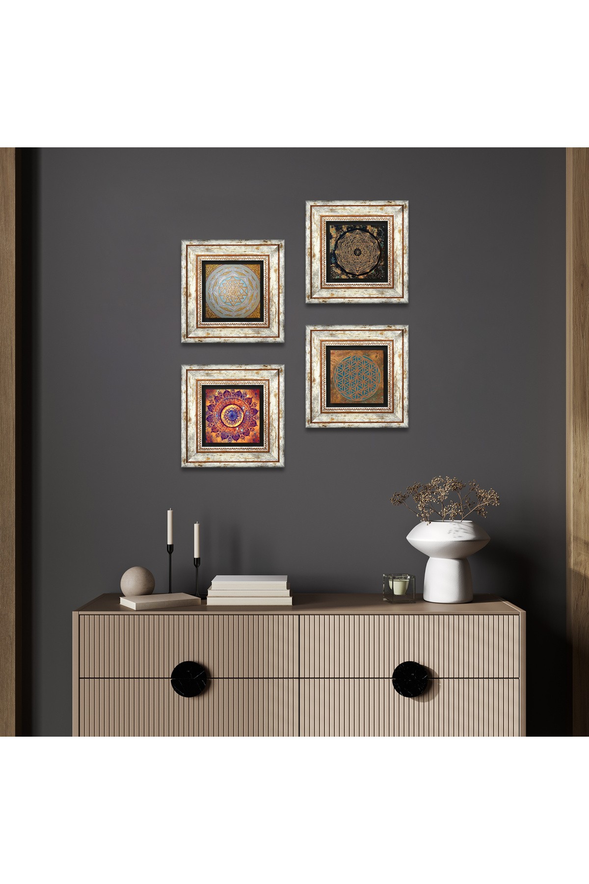 Yaşam Çiçeği, Mandala, Sri Yantra Taş Duvar Tablosu Çerçeveli Duvar Dekoru 4 Parça Tablo Seti Wall Art