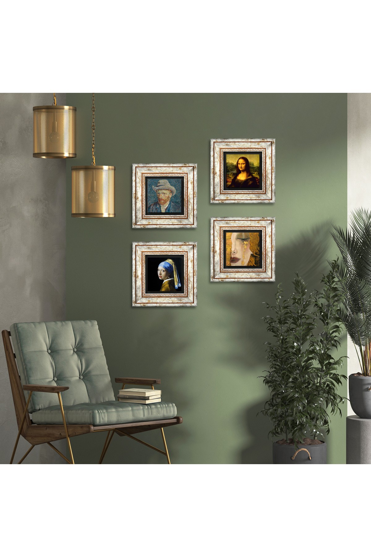 Girl with a Pearl Earring, Van Gogh, Gustav Klimt, Leonardo da Vinci Stone Wall Painting Framed Wall Decor 4 Piece Painting Set Wall Art