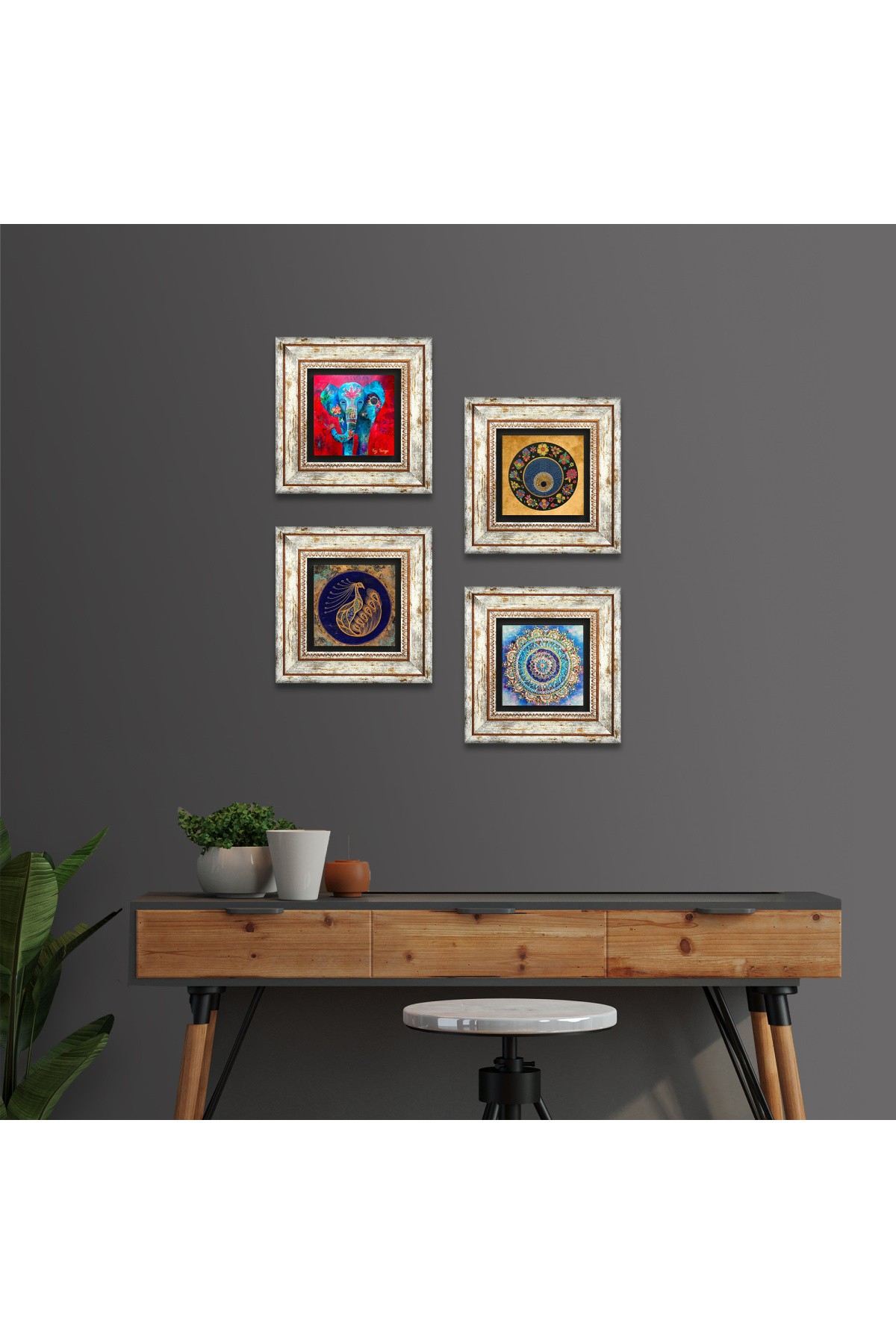 Mandala, Fil, Tavus Kuşu, Nazar Taş Duvar Tablosu Çerçeveli Duvar Dekoru 4 Parça Tablo Seti Wall Art