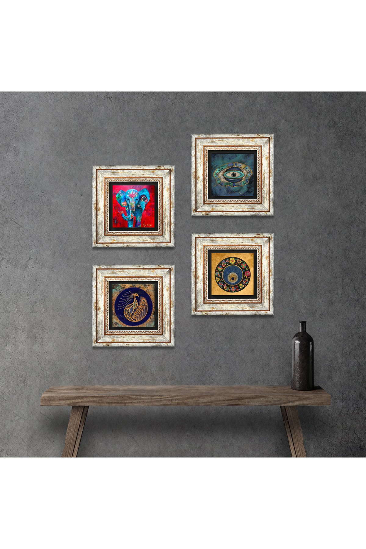 Elephant, Peacock, Evil Eye Stone Wall Painting Framed Wall Decor 4 Piece Painting Set Wall Art