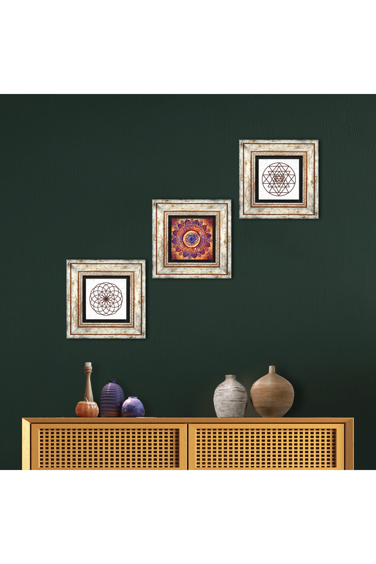 Mandala, Yaşam Çiçeği, Sri Yantra Taş Duvar Tablosu Çerçeveli Duvar Dekoru 3 Parça Tablo Seti Wall Art