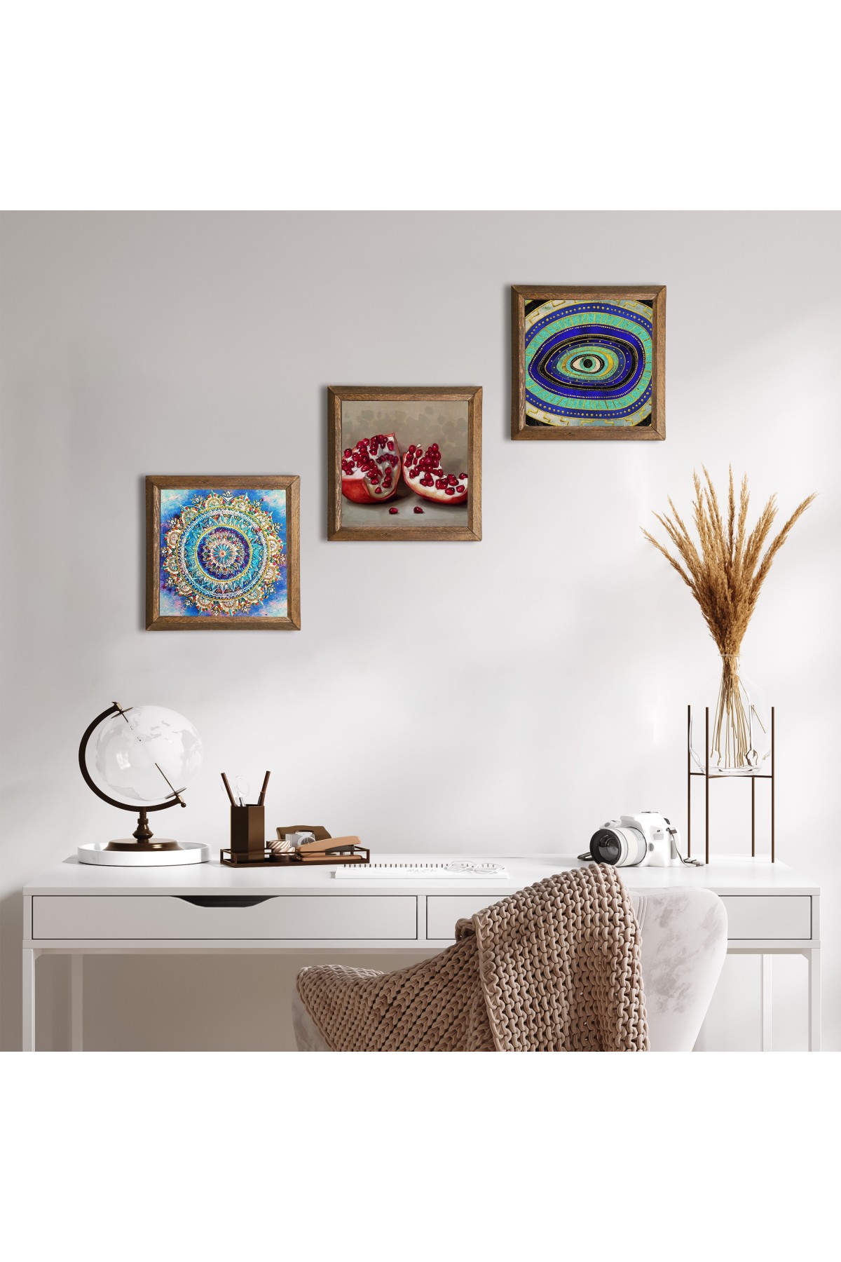 Mandala, Nazar, Nar Taş Duvar Tablosu Ahşap Çerçeveli Duvar Dekoru 3 Parça Tablo Seti Wall Art