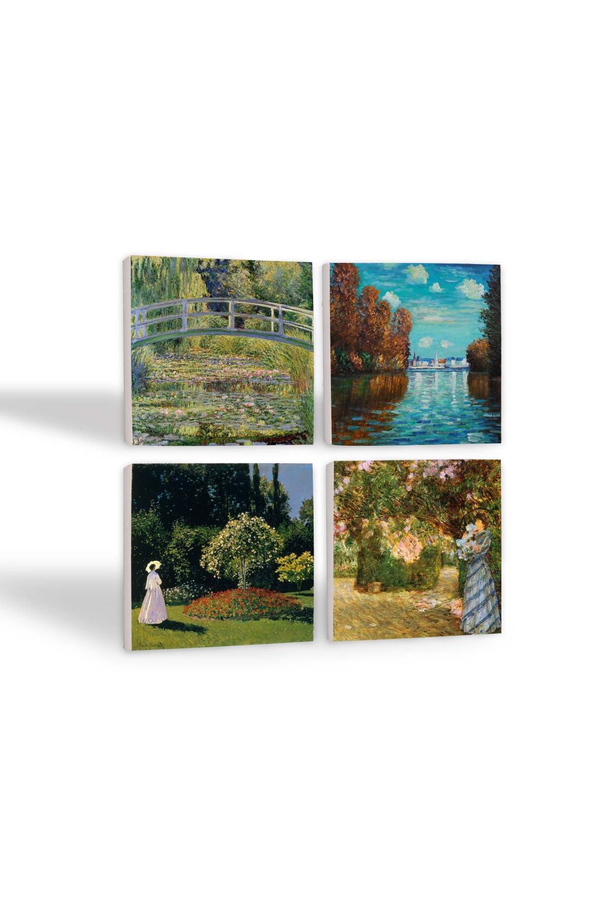 Claude Monet Sonbahar, Bahçede, Bahçedeki Kadın, Nilüfer Gölü Taş Bardak Altlığı Masaüstü Koruyucu Altlık 4 Parça Set 10x10cm Stone Coasters