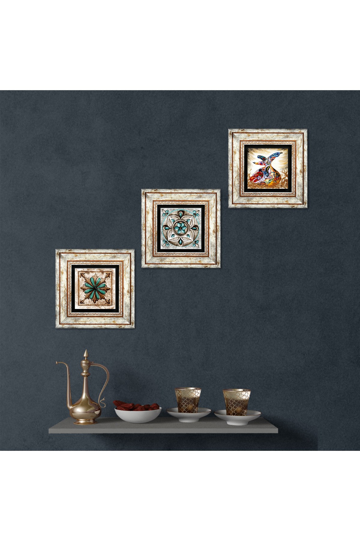 Fas Desenli Vintage, Çini Sanatı, Semazen Taş Duvar Tablosu Çerçeveli Duvar Dekoru 3 Parça Tablo Seti Wall Art