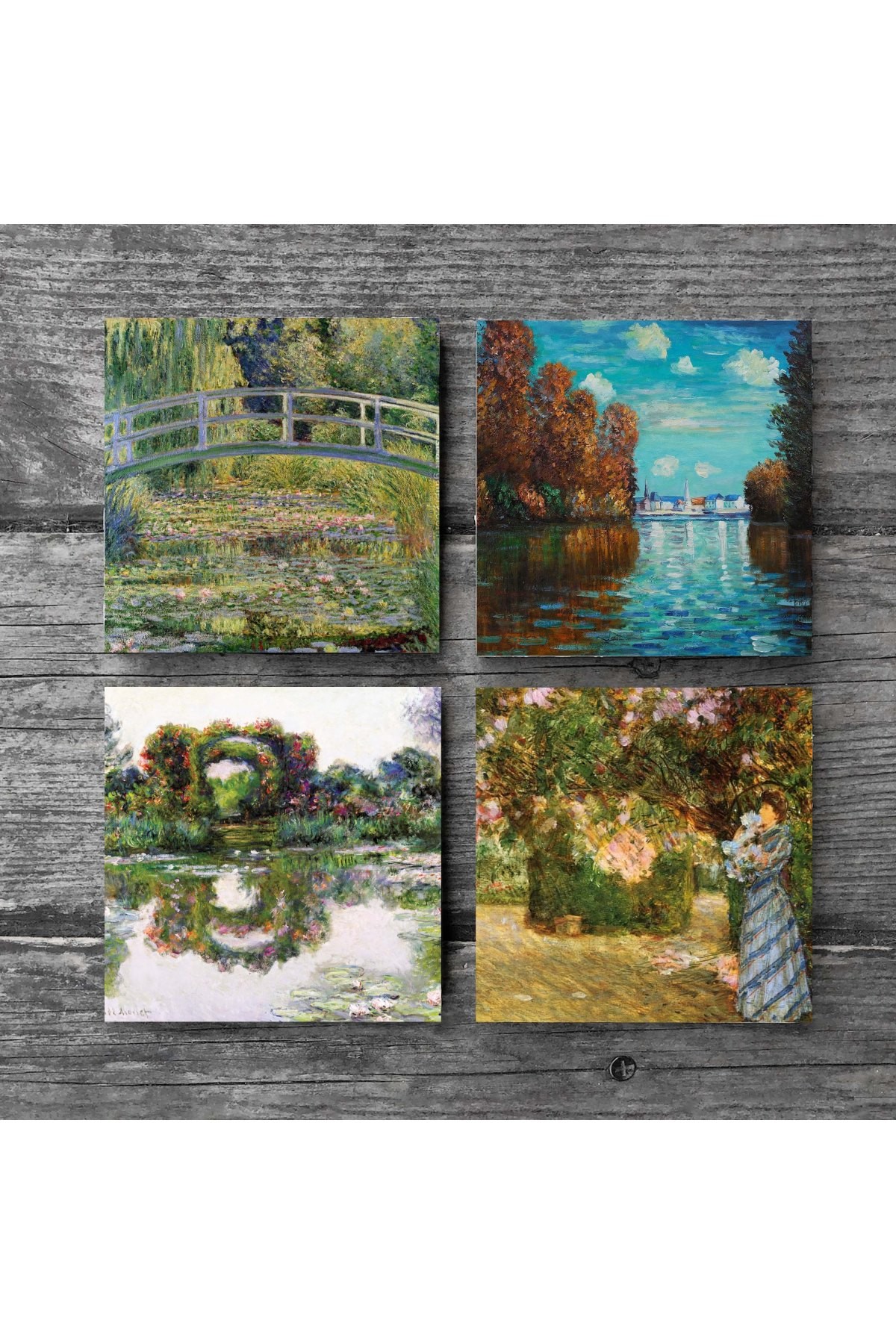 Claude Monet Sonbahar, Bahçede, Gül Çiçekli Kemer, Nilüfer Gölü Taş Bardak Altlığı Masaüstü Koruyucu Altlık 4 Parça Set 10x10cm Stone Coasters