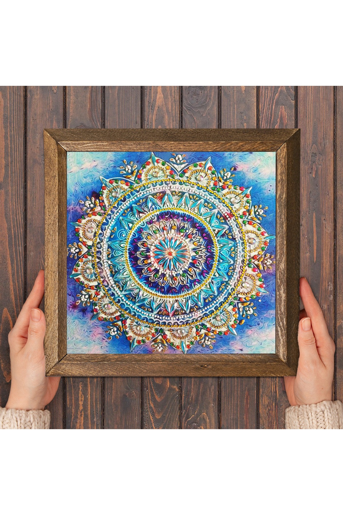 Mandala Taş Duvar Tablosu Ahşap Çerçeveli Duvar Dekoru Wall Art 25x25cm