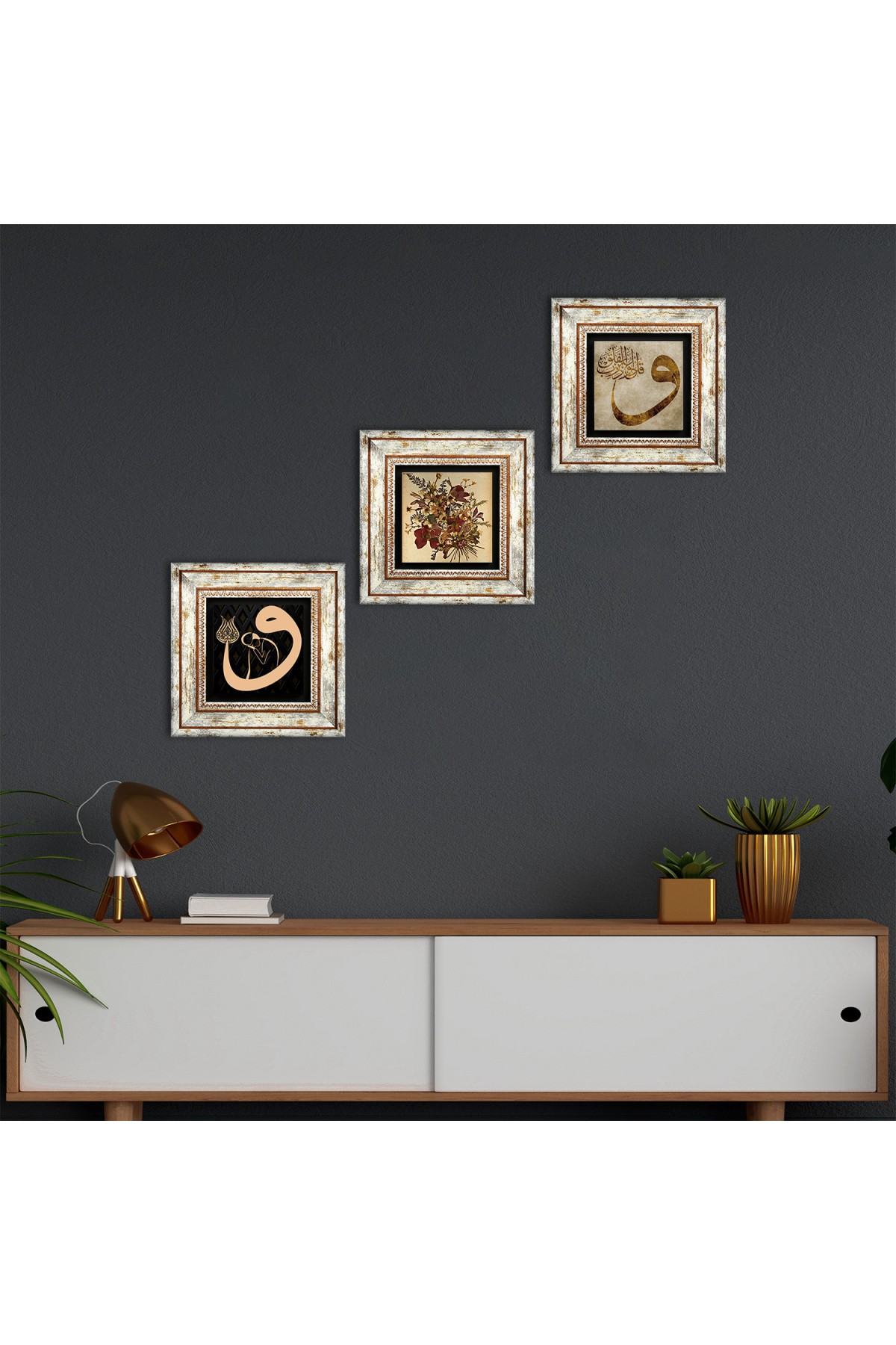 Vintage Çiçek, Vav Taş Duvar Tablosu Çerçeveli Duvar Dekoru 3 Parça Tablo Seti Wall Art