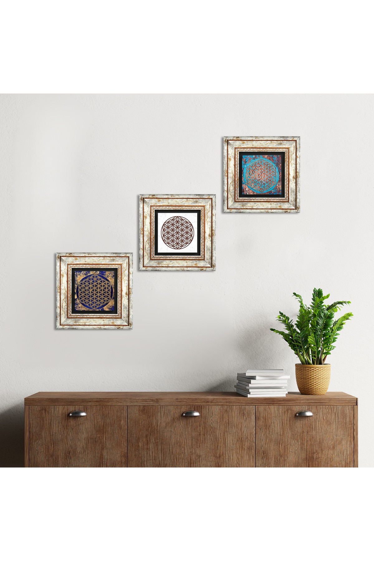 Flower of Life Stone Wall Painting Framed Wall Decor 3 Piece Painting Set Wall Art