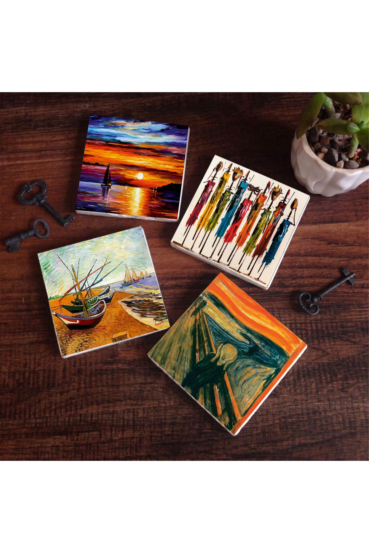 Van Gogh Fishing Boats, Scream, Native Women, Seascape Stone Coasters Desktop Protective Coaster 4 Piece Set 10x10cm Stone Coasters