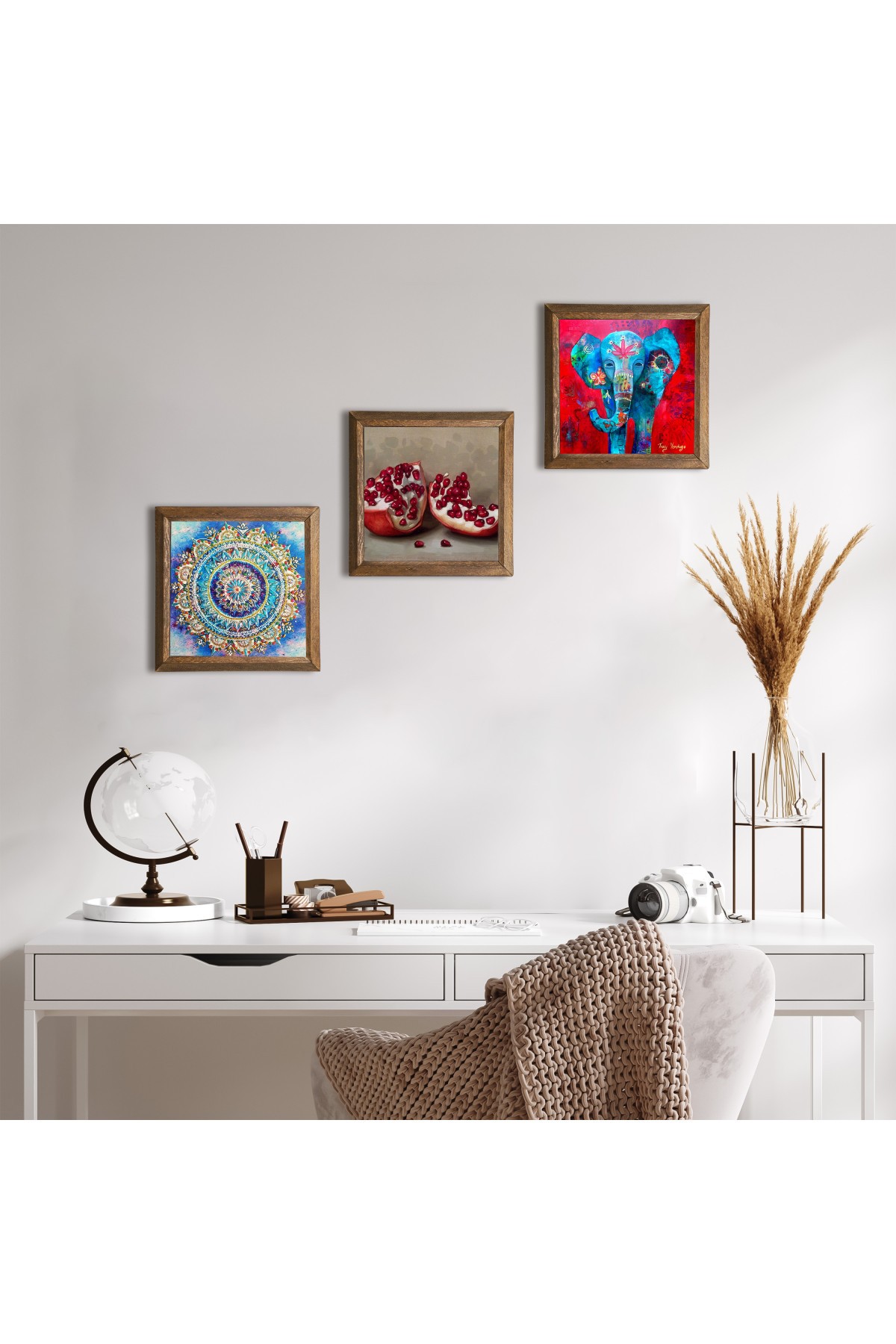 Mandala, Fil, Nar Taş Duvar Tablosu Ahşap Çerçeveli Duvar Dekoru 3 Parça Tablo Seti Wall Art