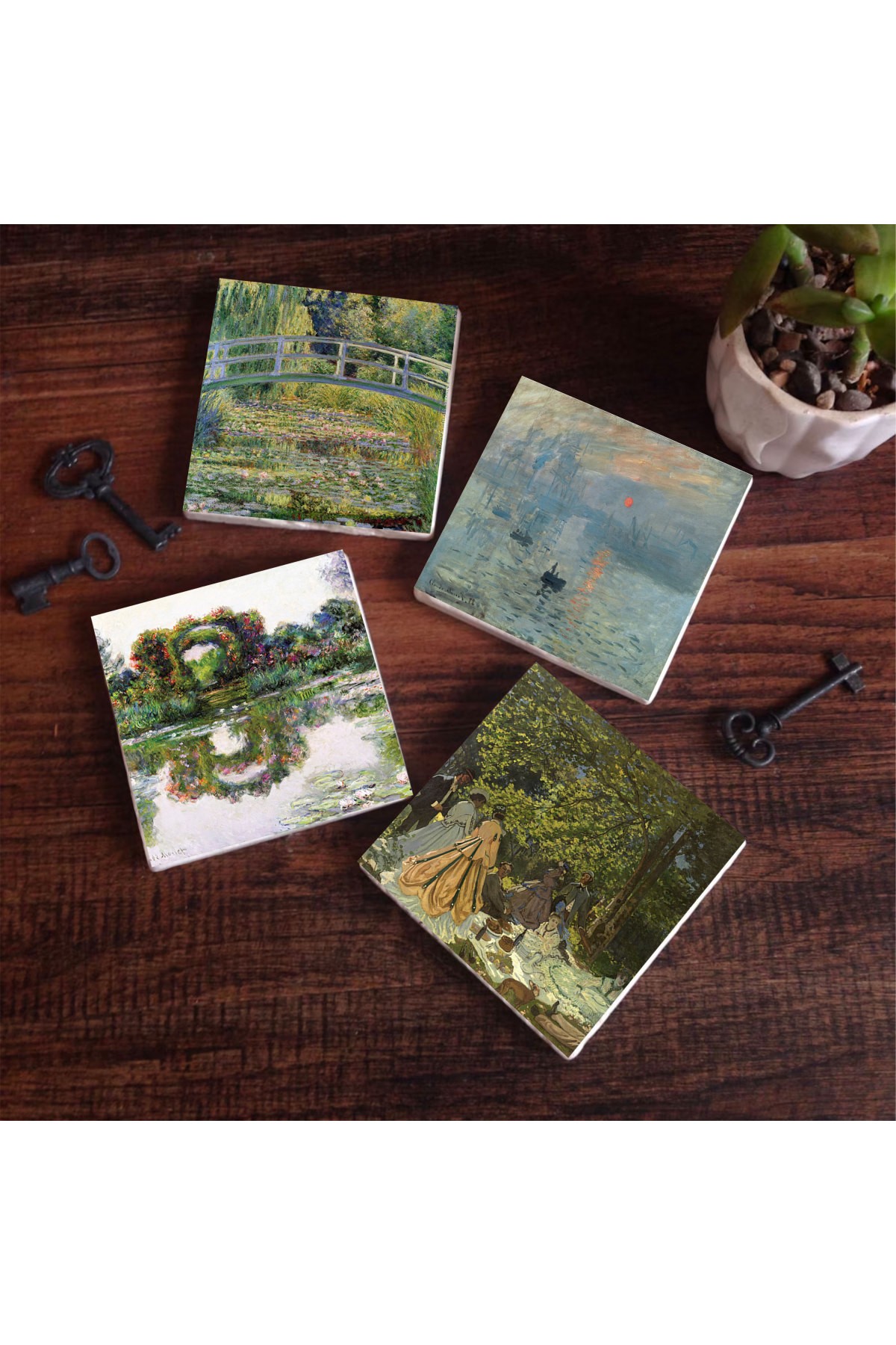 Monet Gül Çiçekli Kemer, Kırda Öğle Yemeği, İzlenim Gün Doğumu, Nilüfer Gölü Taş Bardak Altlığı Masaüstü Koruyucu Altlık 4 Parça Set 10x10cm Stone Coasters