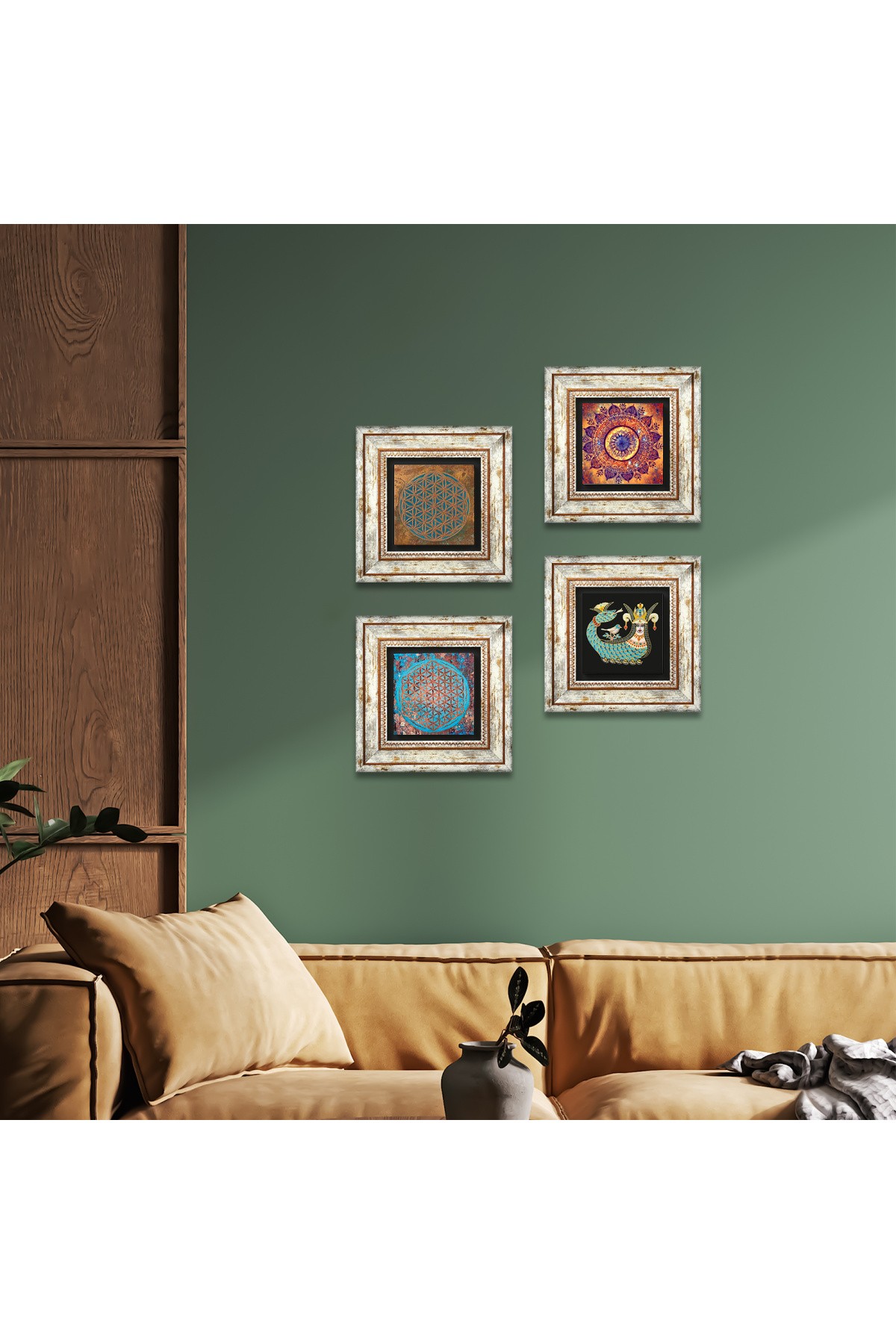 Mandala, Yaşam Çiçeği, Şahmeran Taş Duvar Tablosu Çerçeveli Duvar Dekoru 4 Parça Tablo Seti Wall Art