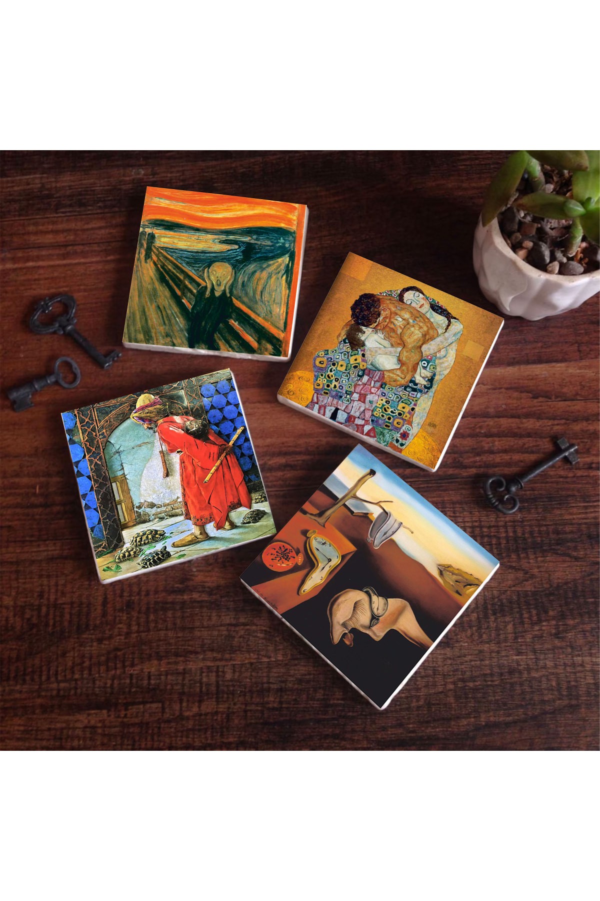 Dalí The Persistence of Memory, The Scream, Gustav Klimt Family Embrace, The Turtle Tamer Stone Coasters Desktop Protective Coaster 4 Piece Set 10x10cm Stone Coasters